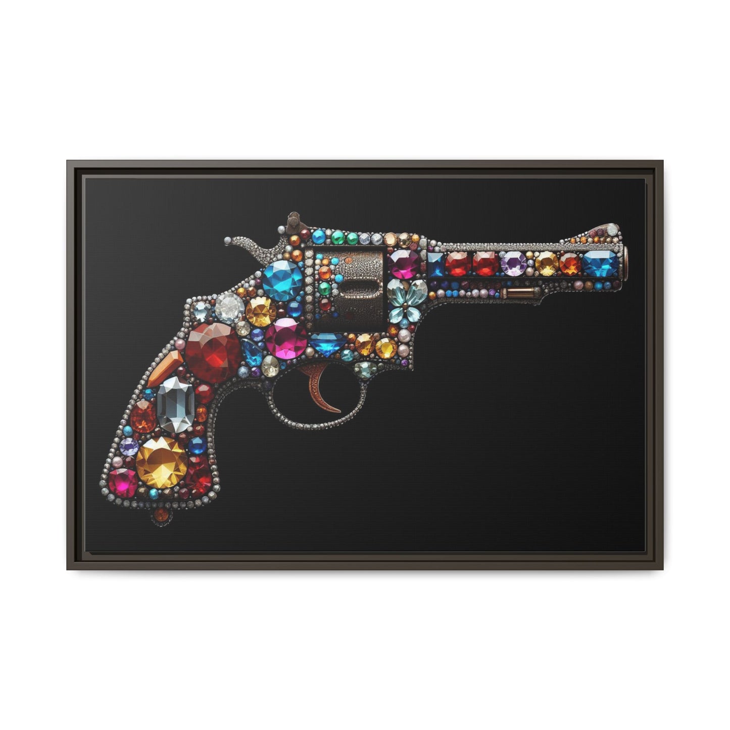 Bejeweled Revolver Print AI Design Unique Framed Canvas Print Wall Art Gun Lover Gift Edgy Glam Fantasy Weapon Decor 3 frame colors