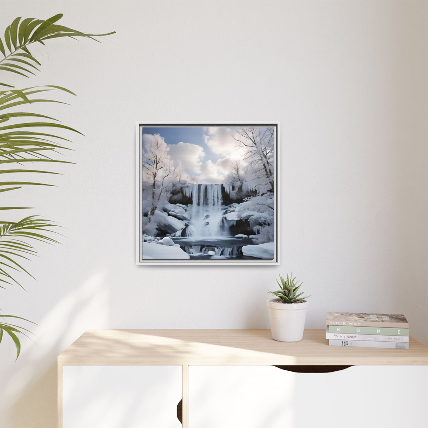 Modern Snowy Waterfall Design Unique Framed Canvas Wall Art Winter Scene Nature Lover Gift Mountain Landscape Decor Gift 3 frame colors