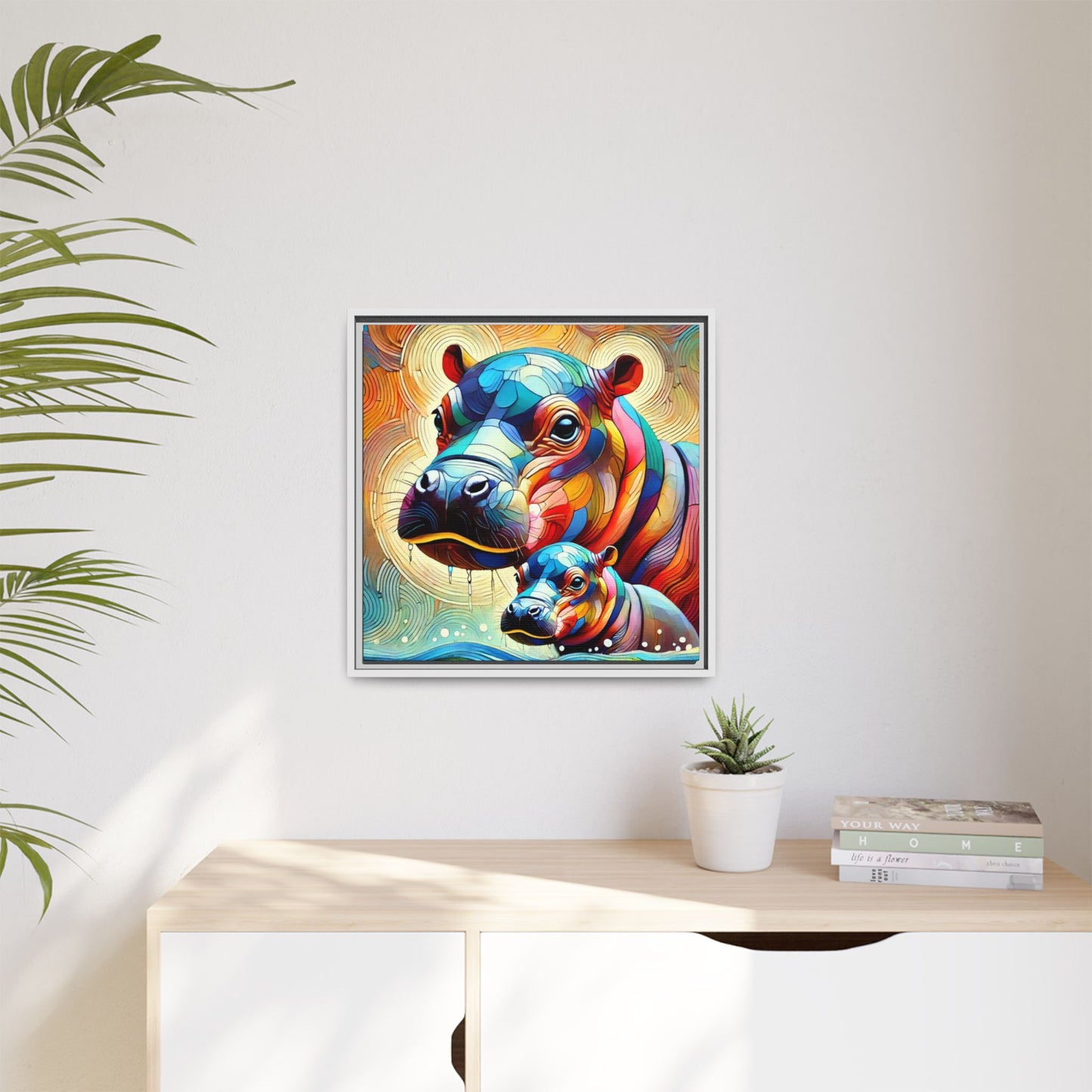 Modern Hippo Print Abstract Design Unique Framed Canvas Print Baby Hippo Wall Art Animal Lover Gift Nature Lover Decor 3 frame colors