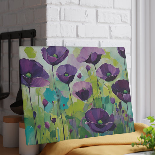 Kitchen Decor Glass Cutting Board Serving Tray with Field of Flowers Pattern Cutting Board Gift for Home Cook Charcuterie Board