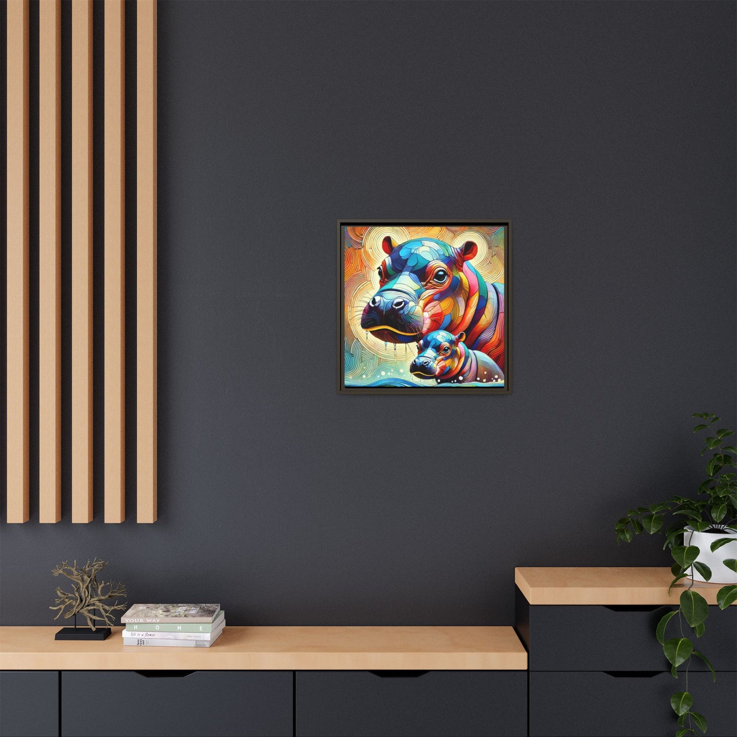 Modern Hippo Print Abstract Design Unique Framed Canvas Print Baby Hippo Wall Art Animal Lover Gift Nature Lover Decor 3 frame colors
