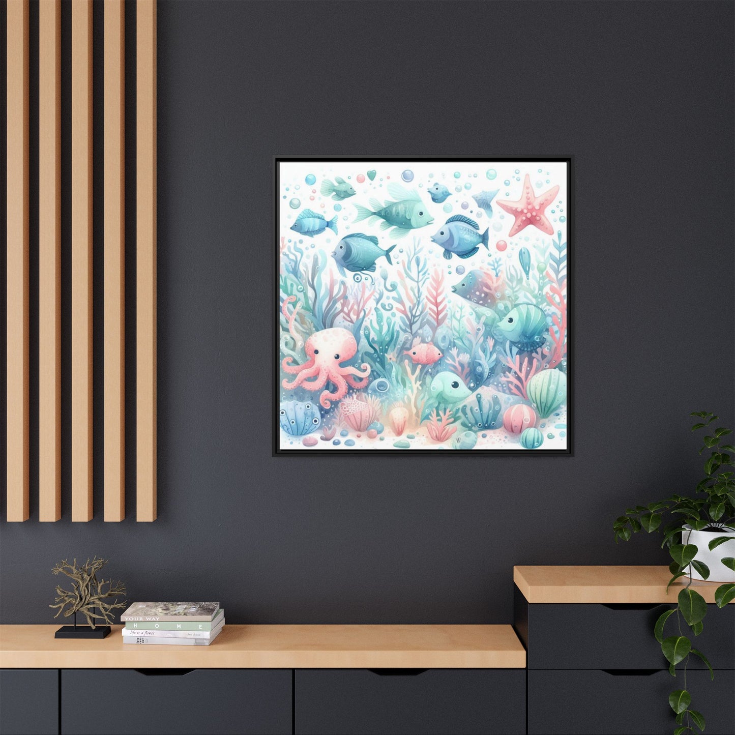 Whimsical Nursery Decor Pastel Underwater Design Unique Sweet Baby Room Framed Canvas Ocean Fish Print Unisex Baby Shower Octopus Gift