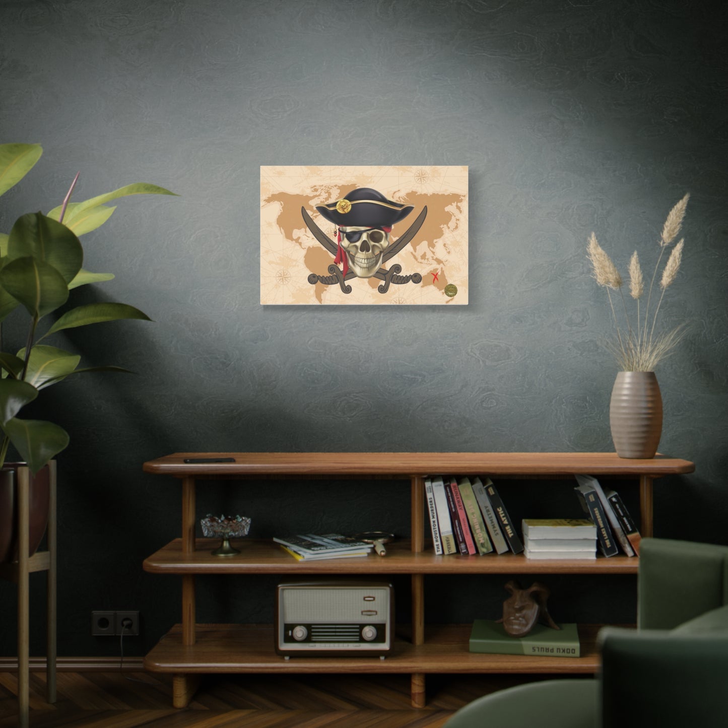 Jolly Roger Pirate Print Wall Art | Matte Canvas, Stretched, 1.25" | Nautical Themed Swords and Skull Anime Print