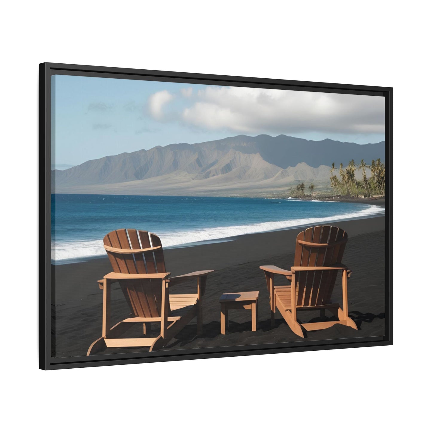 Chairs on the Maui Black Sand Beach Print Unique Framed Canvas Print Wall Art Gift Beachy Nature Lover Ocean Waves Decor 3 frame colors