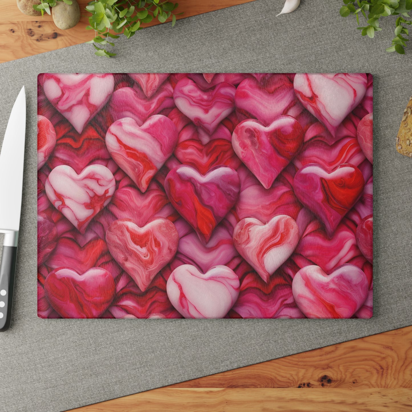 Kitchen Decor Glass Cutting Board Serving Tray with Heart Design Retro Damask Pattern Cutting Board Gift for Home Cook Charcuterie Board