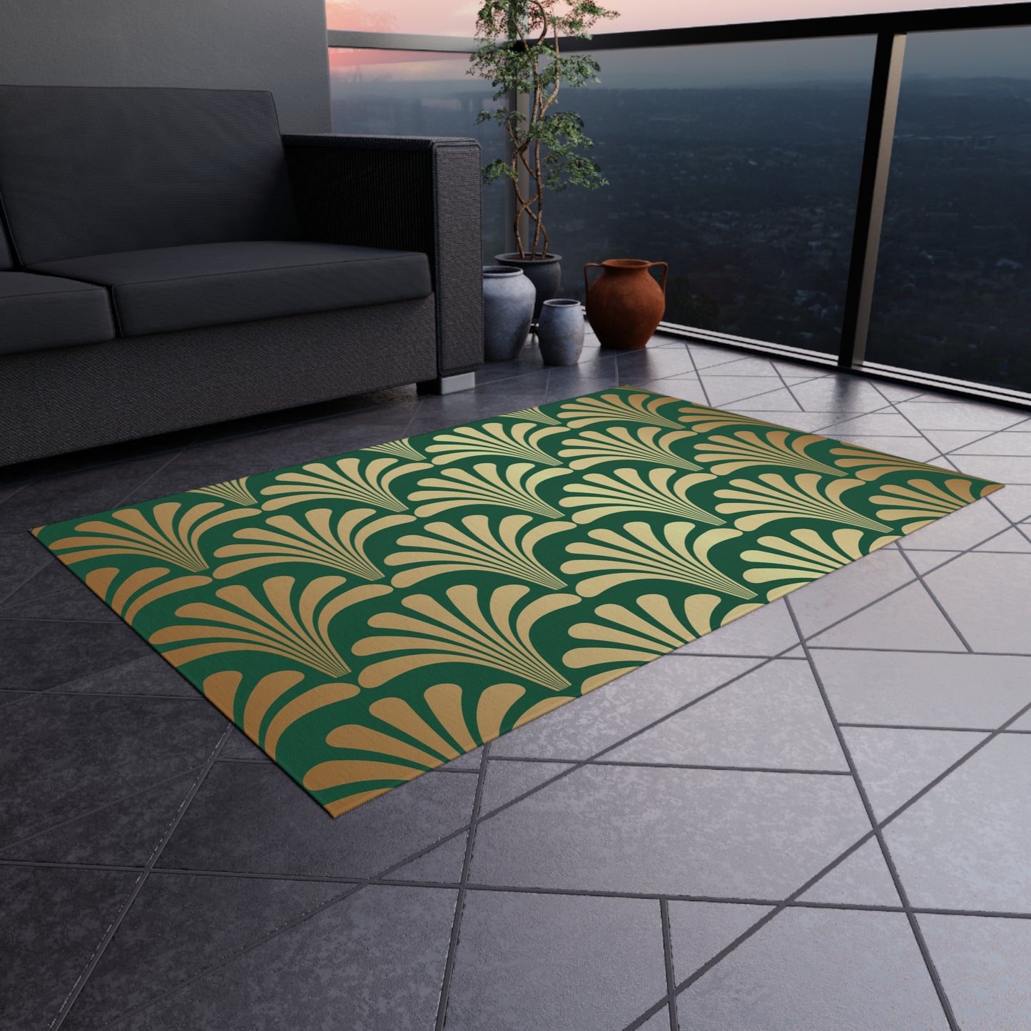 Chenille Outdoor Rug with No-Skid Backing Cozy Green and Gold Outdoor Carpet Patio Decor Gazebo Rug Pool Area Decor Outdoor Kitchen Rug