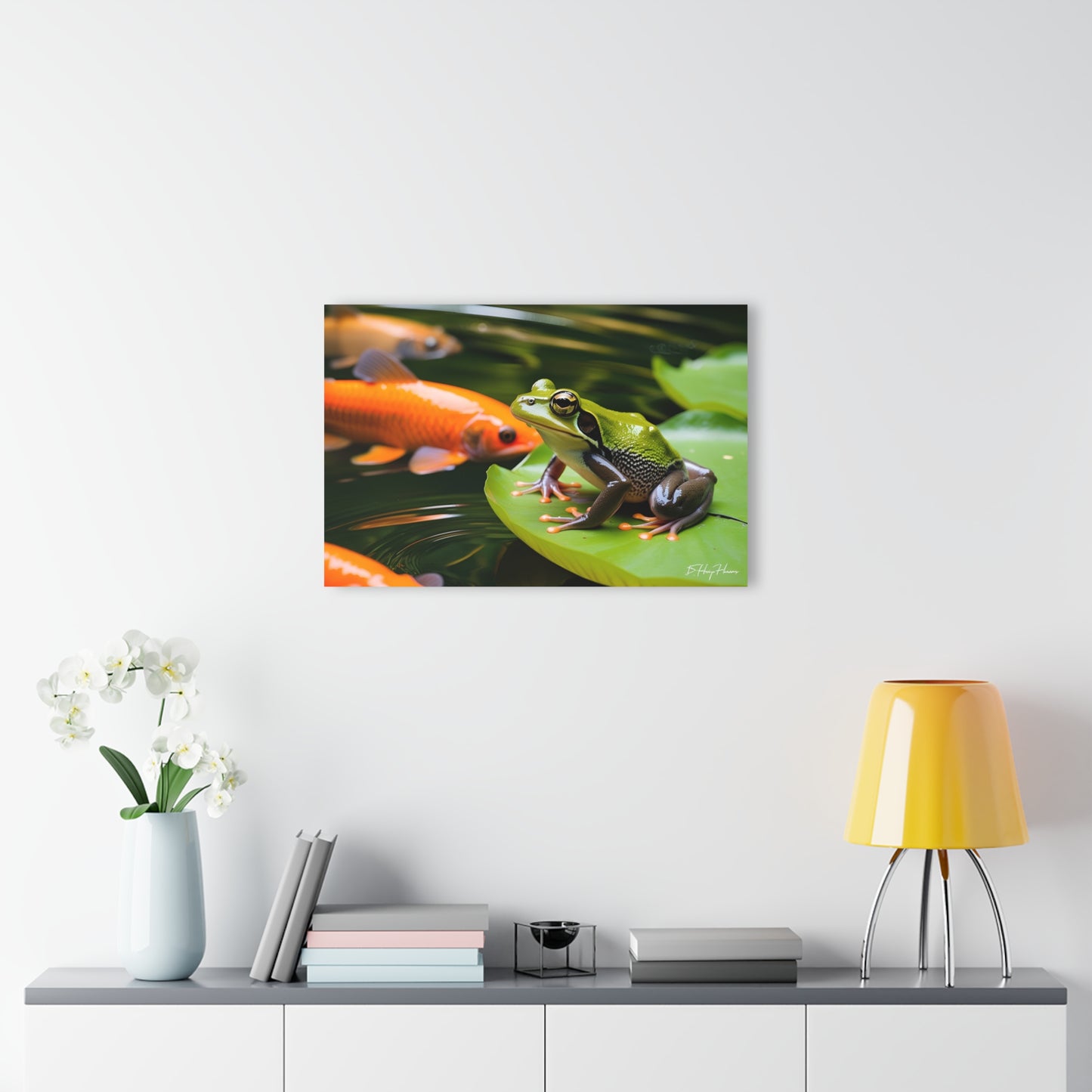 Green Frog on Lily Pad Acrylic Print with Carp in Pond Nature Lover Wall Art Animal Lover Gift Artwork Modern Garden Home Decor