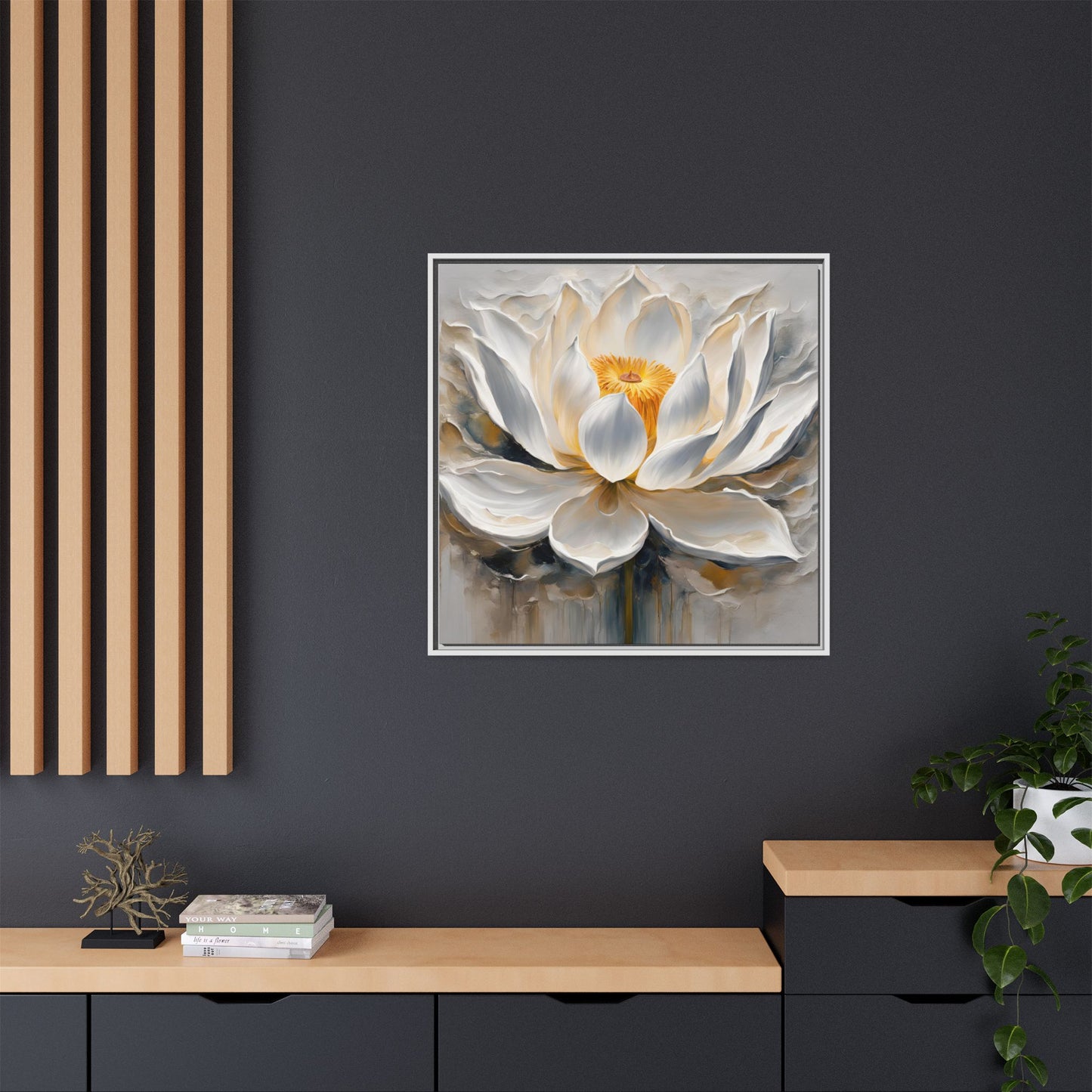 Modern Abstract Floral Design Unique Framed Canvas Wall Art White Lotus Gift Nature Lover Gift Garden Lover Gift 3 frame colors
