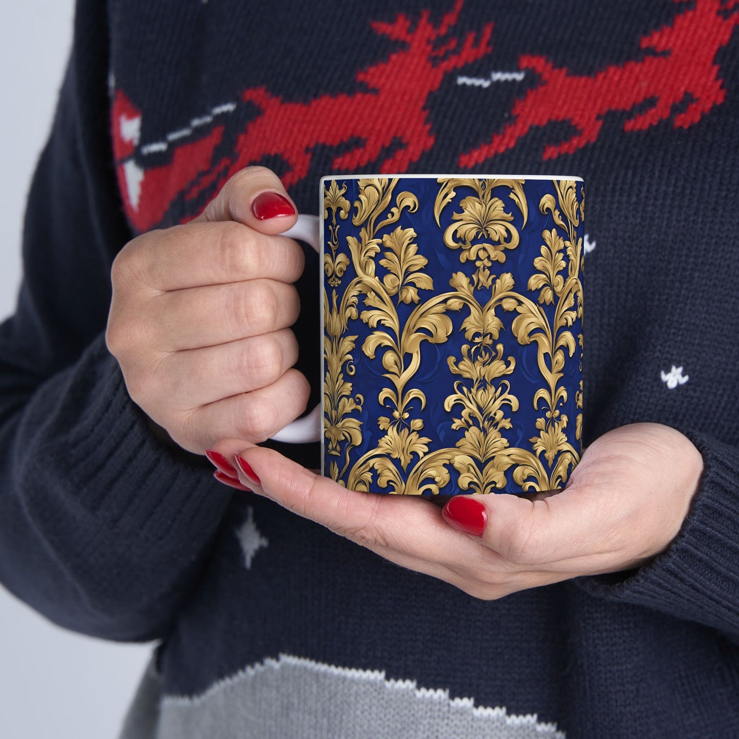 Beautiful Royal Blue and Gold Damask Vintage Tapestry Design Pattern Ceramic Mug, (11oz)