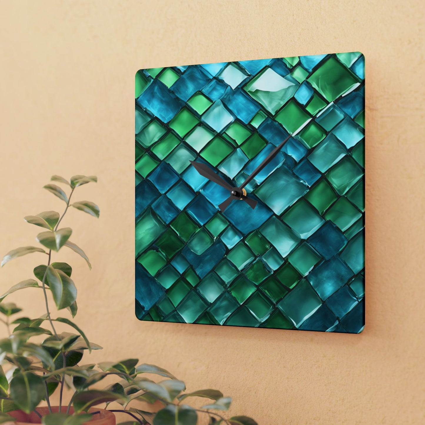 Modern Glass Tile-look Acrylic Clock Unique Colorful Contemporary Wall Clock for Kitchen or Living Room Nature Lover Gift