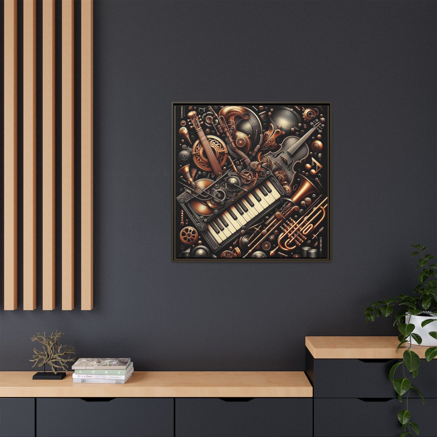 Modern Music-Themed Steampunk Style Print Abstract Design Unique Framed Canvas Print Wall Art Music Lover Gift Decor 3 frame colors