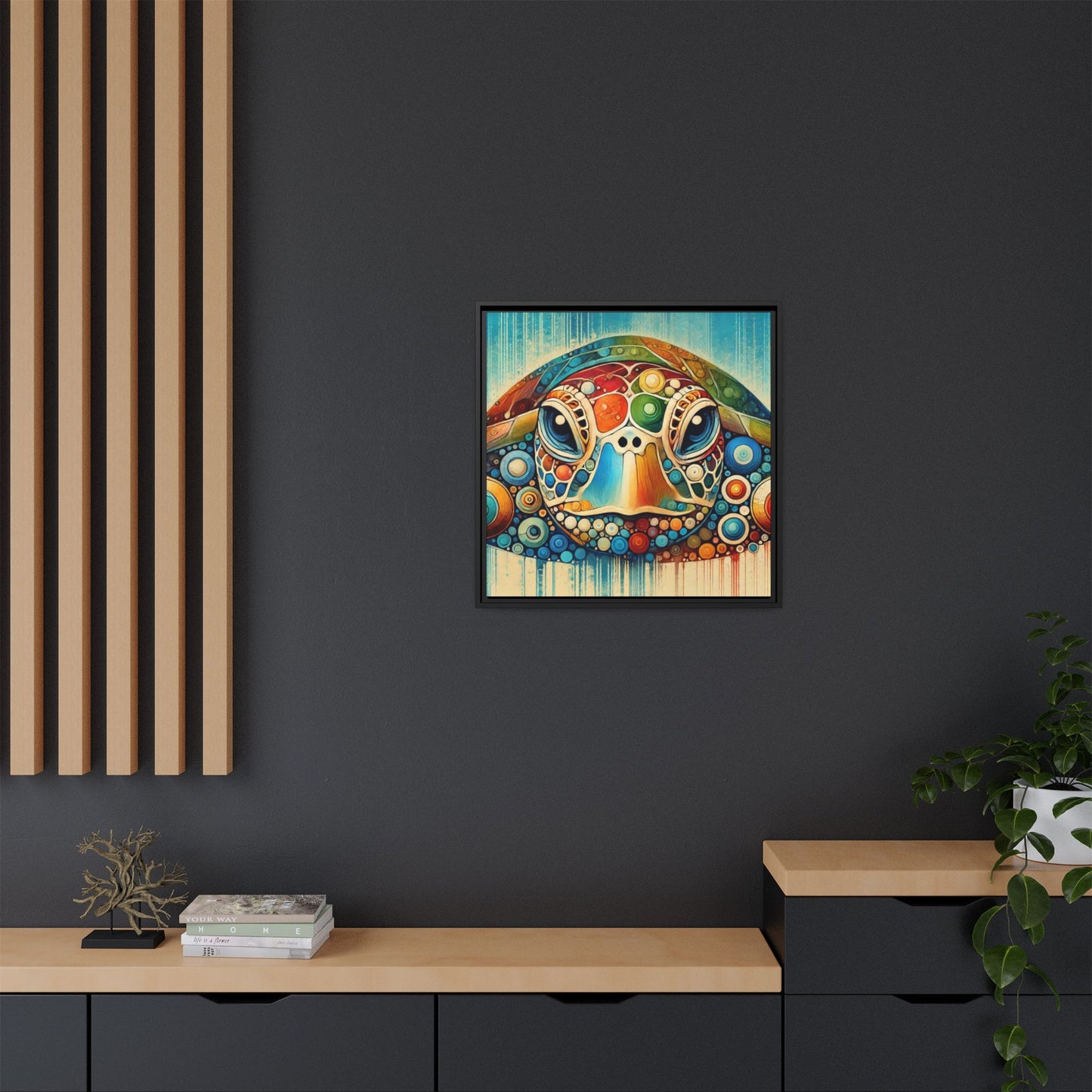 Modern Sea Turtle Print Abstract Design Unique Framed Canvas Print Oceanic Beachy Wall Art Animal Lover Nature Lover Decor 3 frame colors