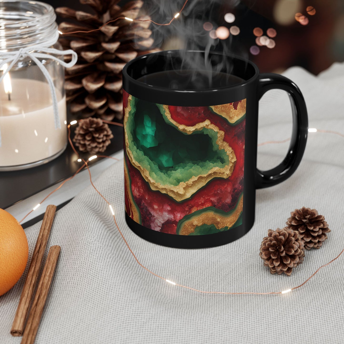 Red, Green and Gold Amethyst Crystal Geode Design Coffee Tea Hot Chocolate Mug Boho Gift for Her Nature Lover Gift Geology Rock Lover Gift