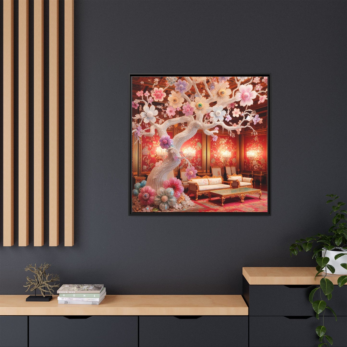 Bejeweled Bonzai Tree Framed Canvas Print Wall Art Unique Nature Lover Asian Art Gift Decor 3 Frame Colors