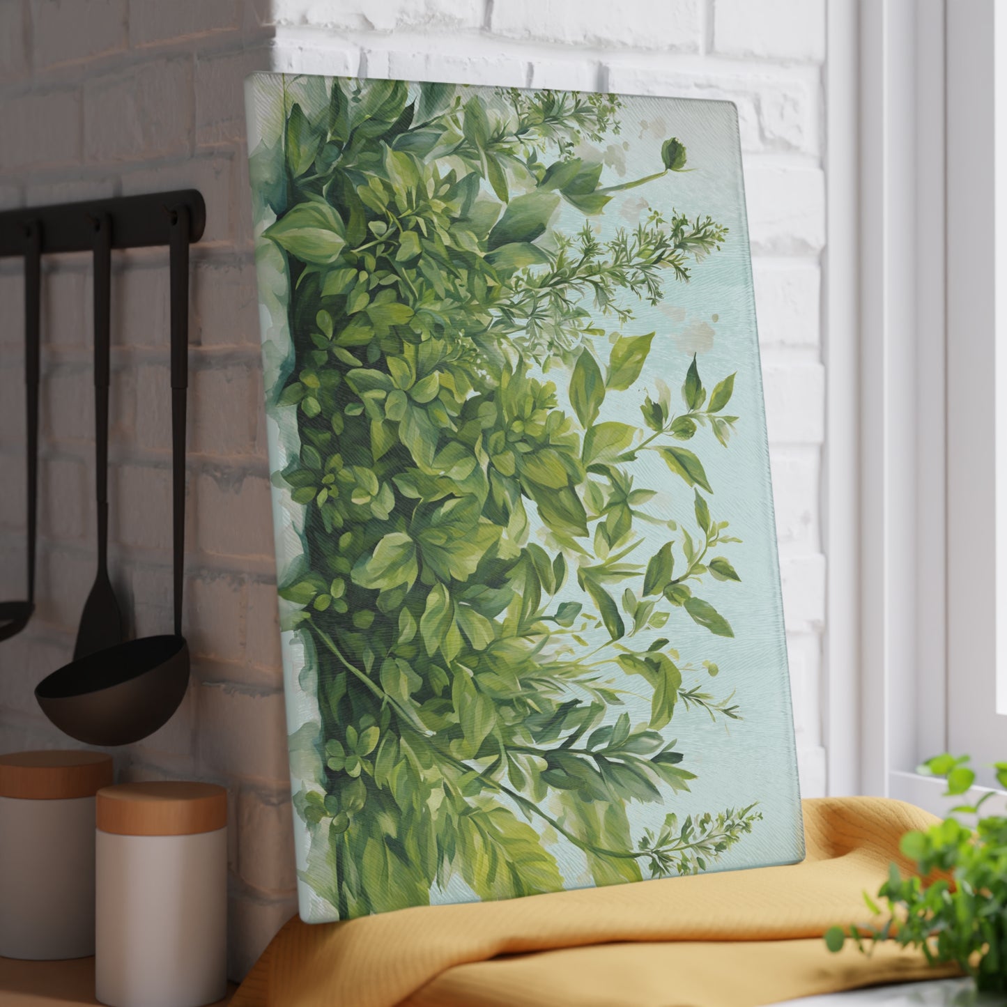 Kitchen Decor Glass Cutting Board Serving Tray with Garden Herbs Image Pattern Cutting Board Gift for Home Cook Charcuterie Board