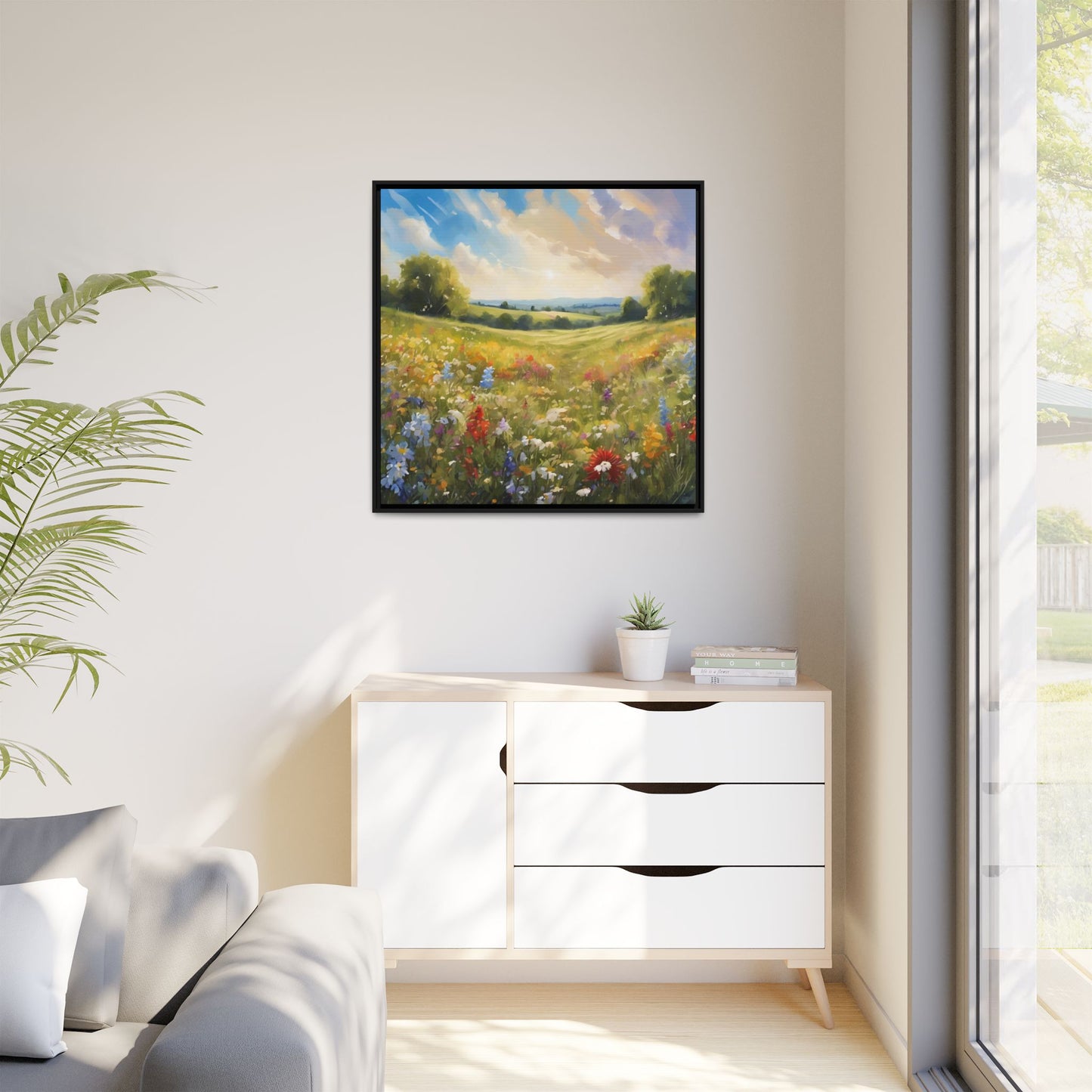 Modern Filed of Flowers Design Unique Framed Canvas Wall Art Gift Nature Lover Landscape Decor Gift 3 frame colors