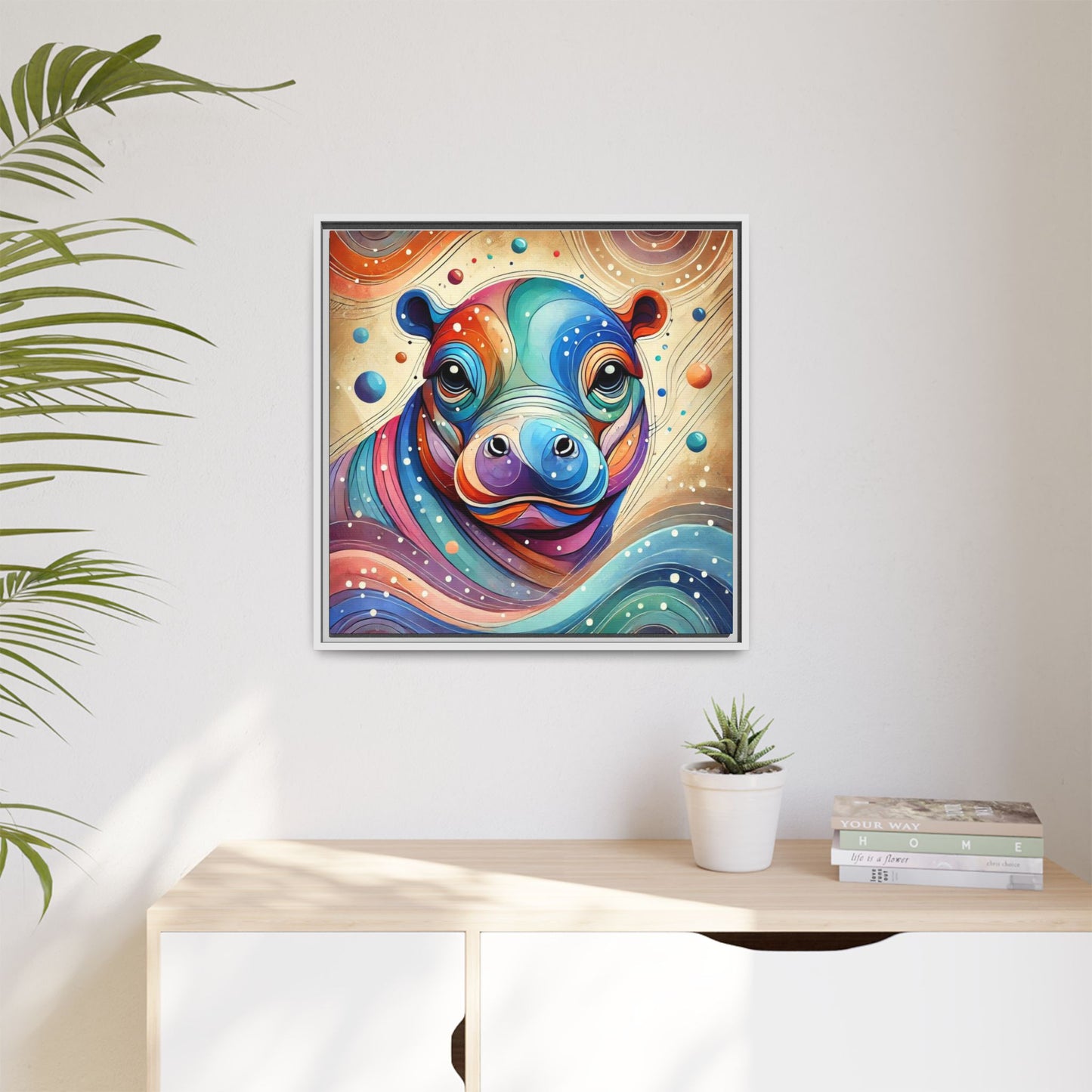 Modern Hippo Print Abstract Design Unique Framed Canvas Print Baby Hippo Wall Art Animal Lover Gift Nature Lover Decor 3 frame colors