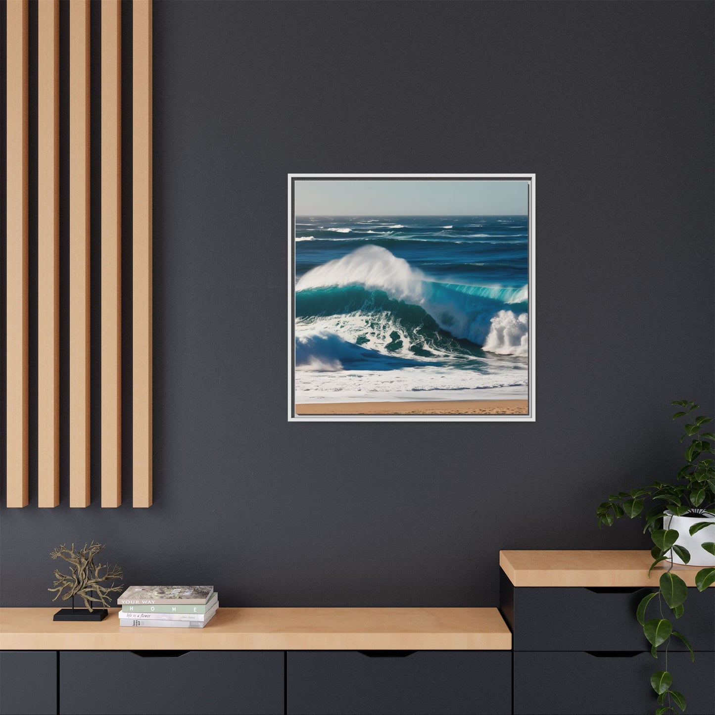 Peaceful Ocean Waves at the Beach Calm Sunny Day Framed Canvas Wall Art Vacation Oceanic Gift Nature Lover Zen Decor Gift 3 frame colors