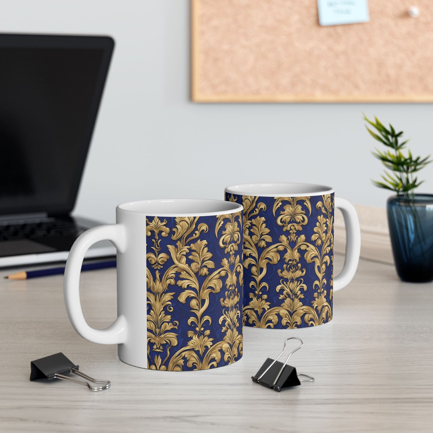 Beautiful Royal Blue and Gold Damask Vintage Tapestry Design Pattern Ceramic Mug, (11oz)