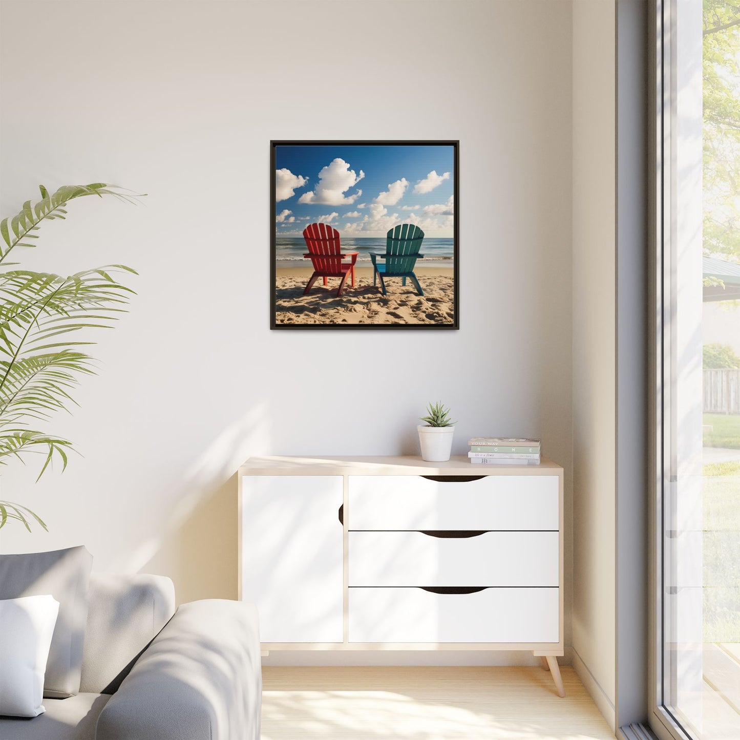 Chairs on the Beach Calm Sunny Day Framed Canvas Wall Art Beach Lover Vacation Oceanic Gift Nature Lover Peaceful Zen Gift 3 frame colors