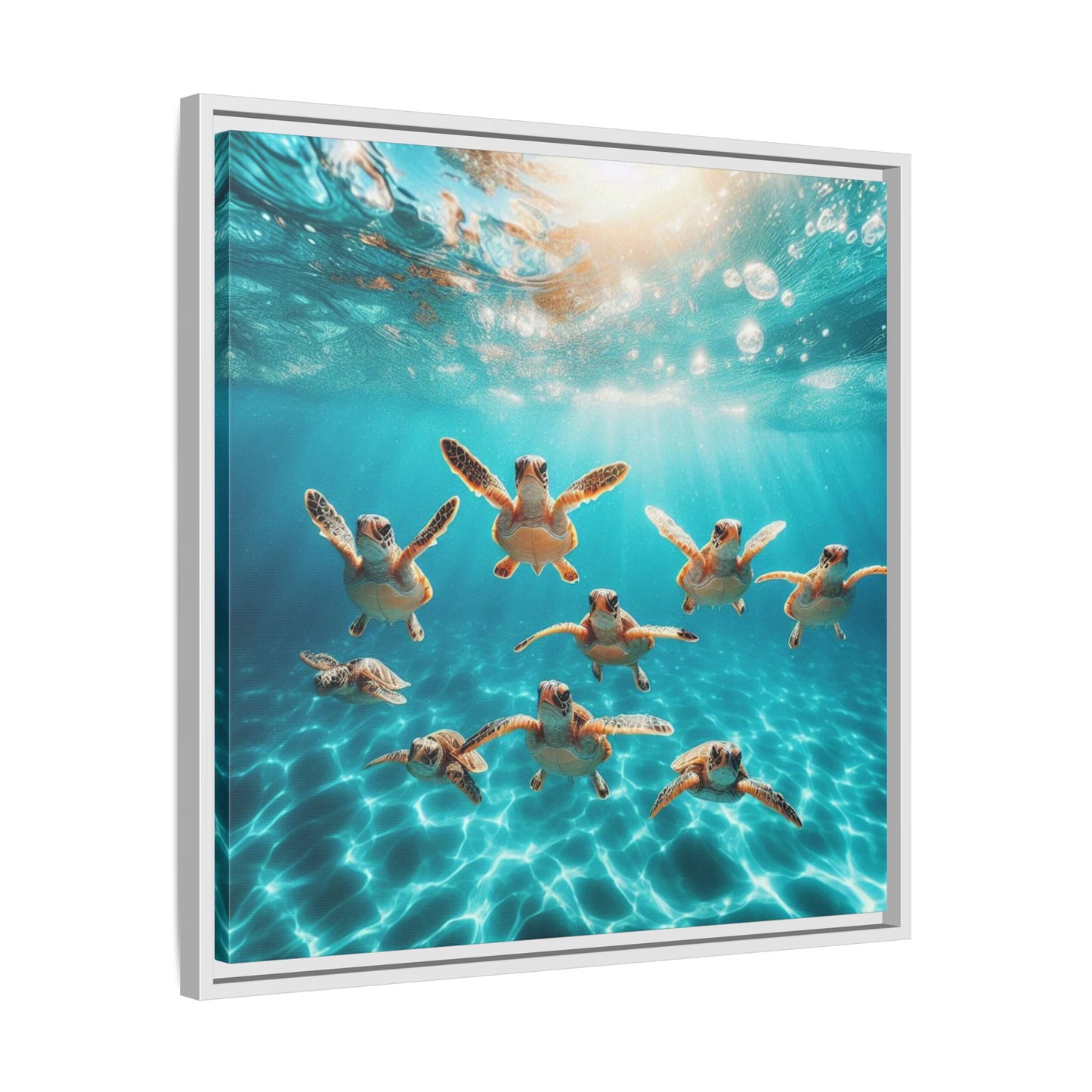Baby Sea Turtles Out for a Swim Framed Canvas Wall Art Beach Lover Vacation Oceanic Gift Nature Lover Peaceful Zen Gift 3 frame colors