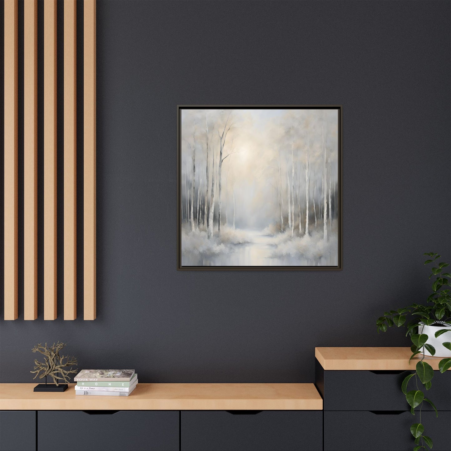 Modern Abstract White Forest Design Unique Framed Canvas Wall Art Ocean Beach Gift Nature Lover Gift 3 frame colors