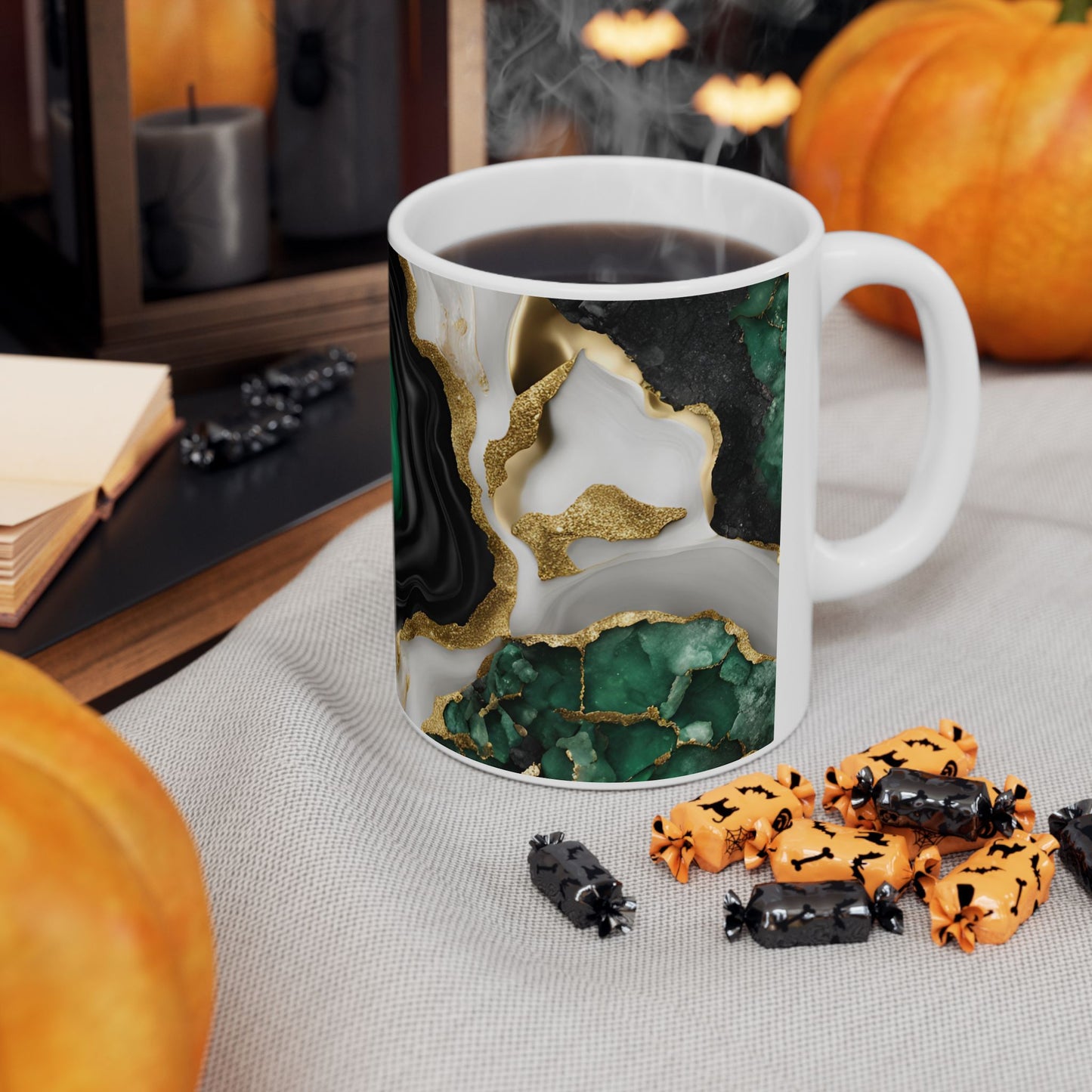 Black, White, Emerald Green and Gold Crystal Geode Design Coffee Tea Mug Boho Gemologist Gift Nature Lover Marble Rock Agate Geology Gift