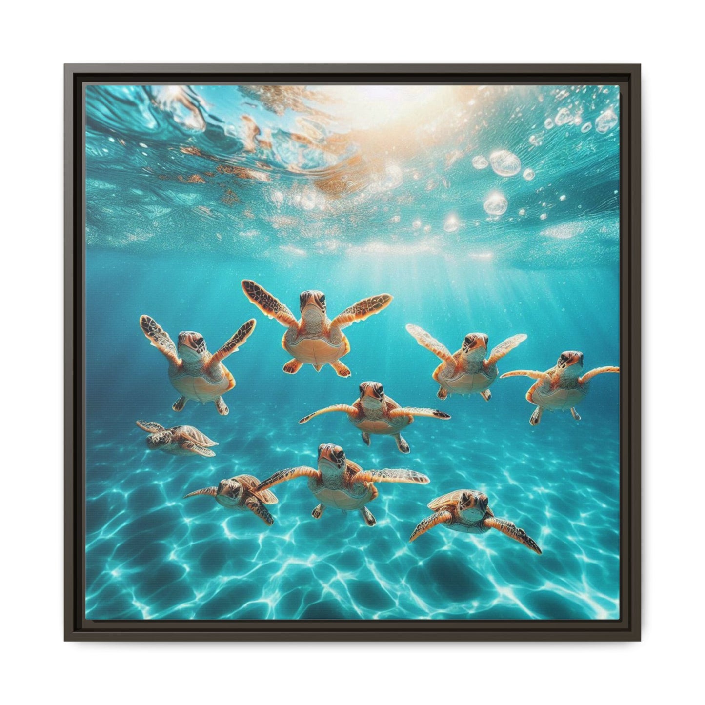 Baby Sea Turtles Out for a Swim Framed Canvas Wall Art Beach Lover Vacation Oceanic Gift Nature Lover Peaceful Zen Gift 3 frame colors