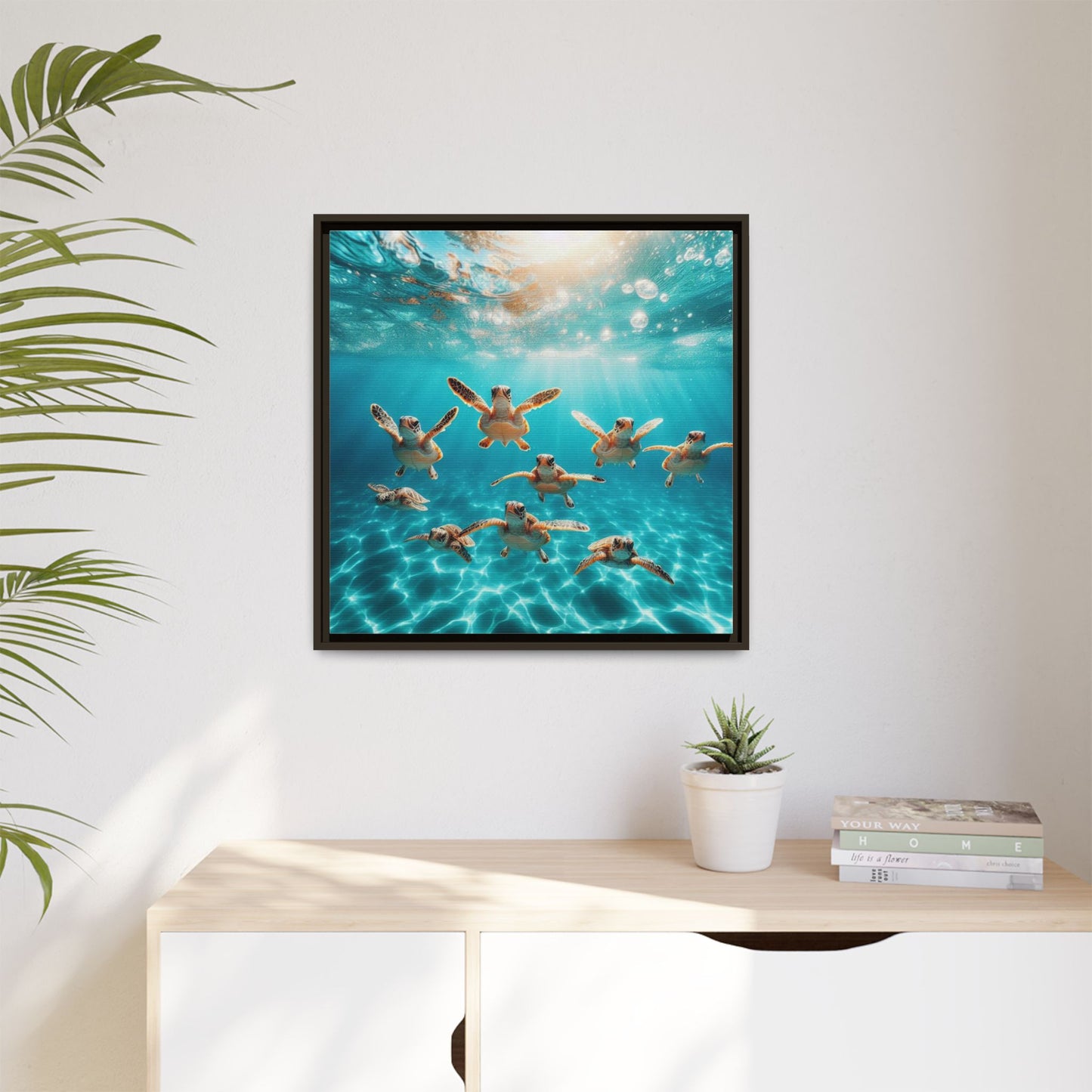 Baby Sea Turtles Out for a Swim Framed Canvas Wall Art Beach Lover Vacation Oceanic Gift Nature Lover Peaceful Zen Gift 3 frame colors