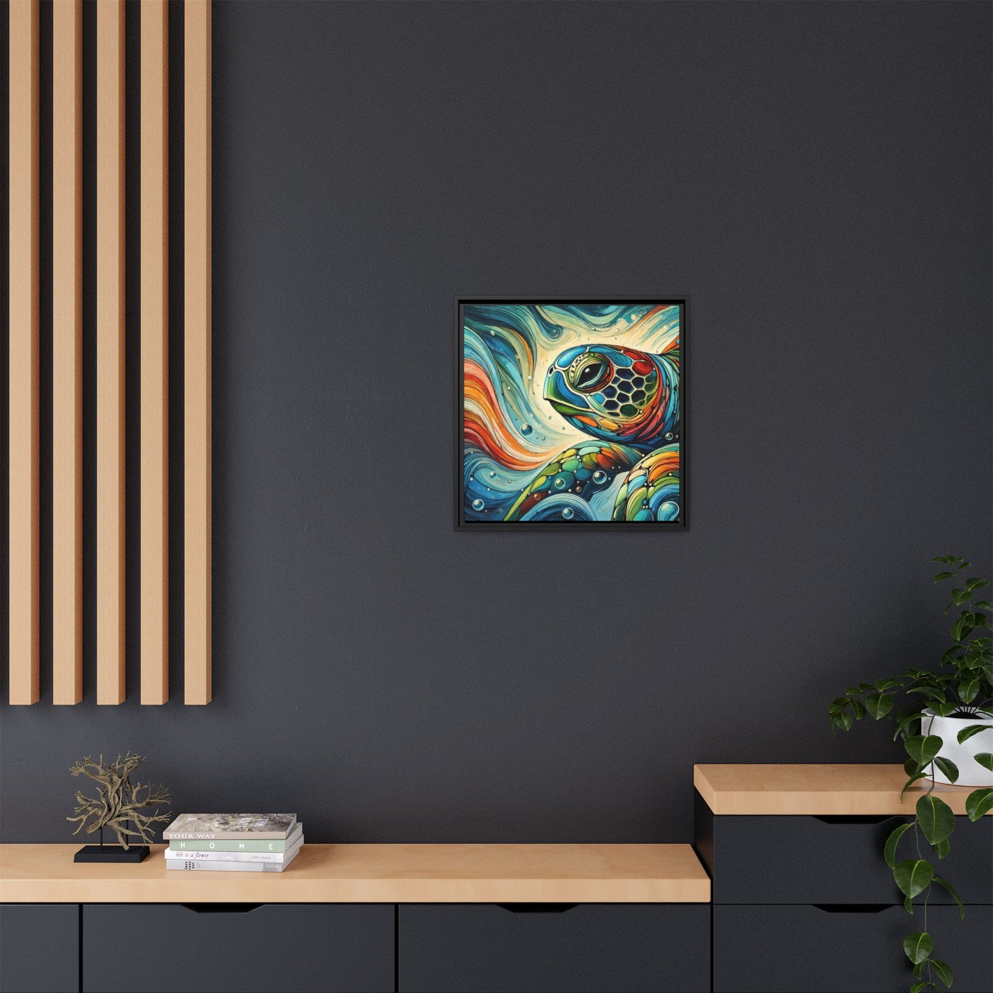 Modern Sea Turtle Print Abstract Design Unique Framed Canvas Print Oceanic Wall Art Animal Lover Gift Nature Lover Decor 3 frame colors