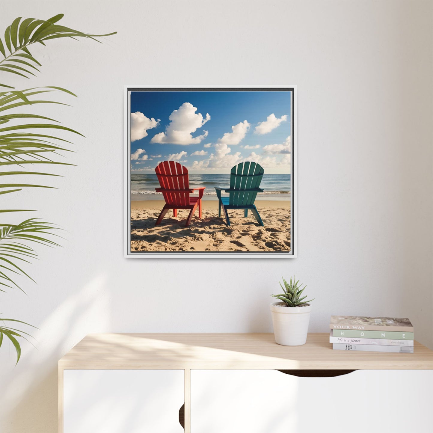Chairs on the Beach Calm Sunny Day Framed Canvas Wall Art Beach Lover Vacation Oceanic Gift Nature Lover Peaceful Zen Gift 3 frame colors