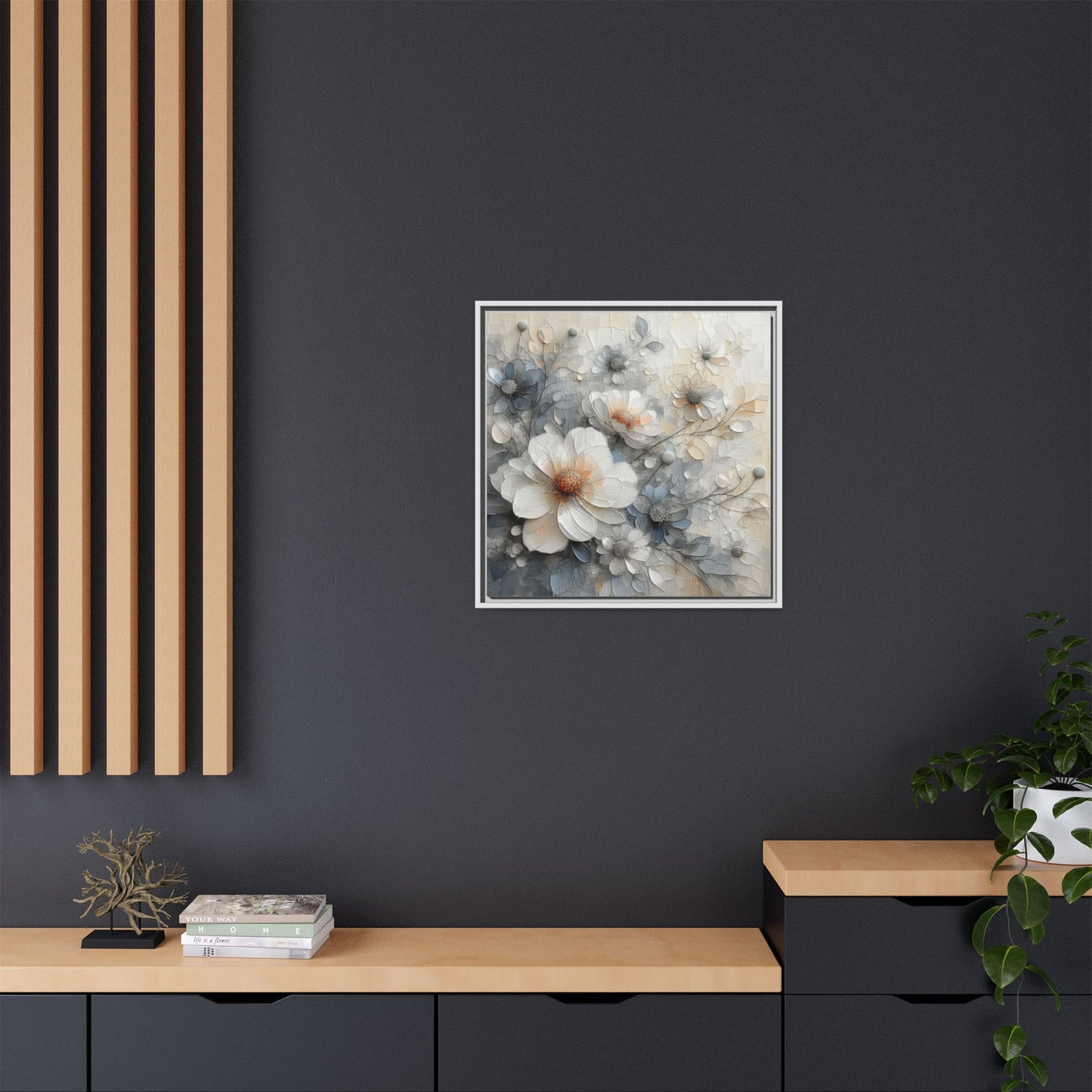 Modern Grey and White Floral Design Unique Framed Canvas Wall Art Flower Lover Gift Nature Lover Gift 3 frame colors