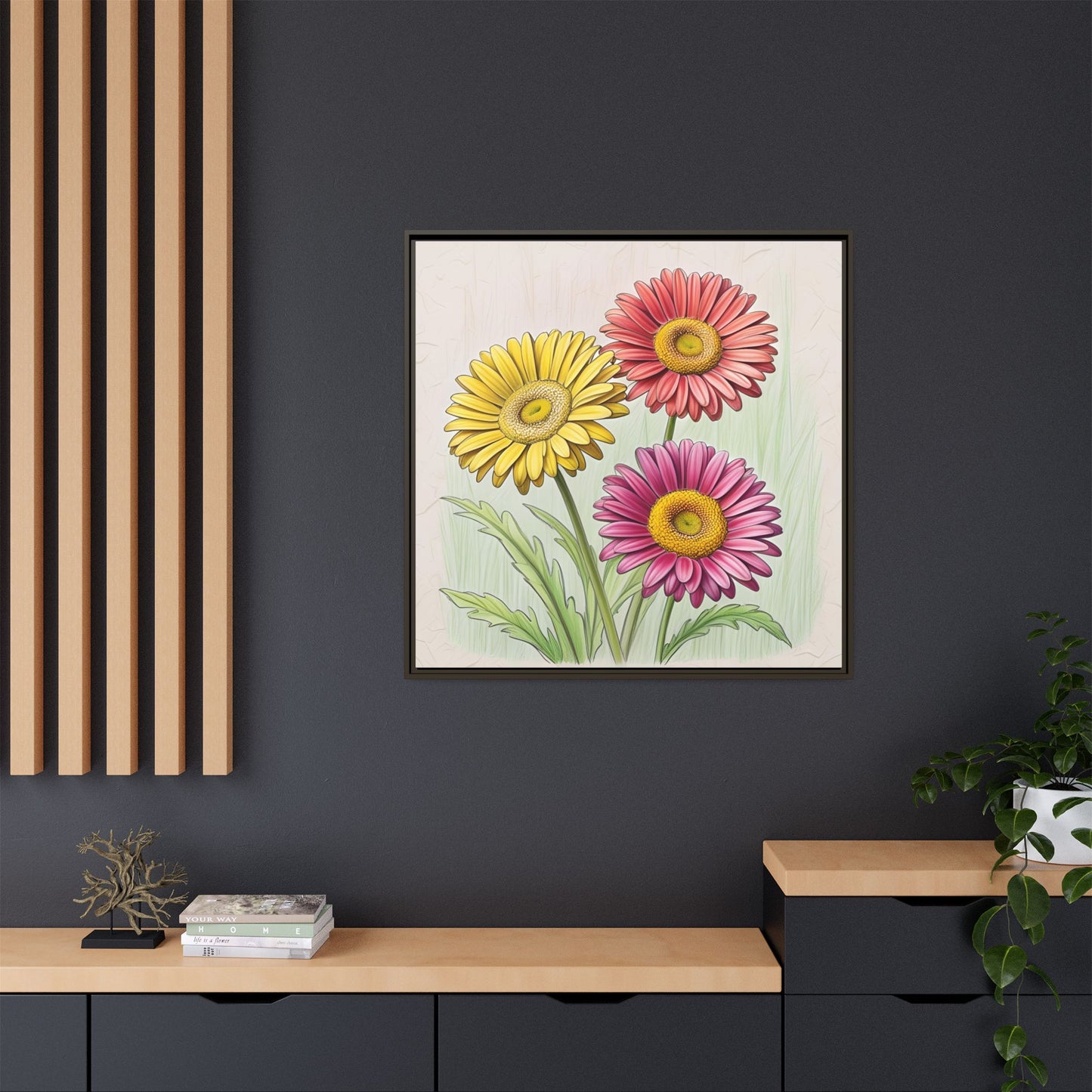 Daisy Floral Design Unique Framed Canvas Wall Art Flower Lover Gift Wildflower Artwork Nature Lover Lanscape Gift 3 frame colors