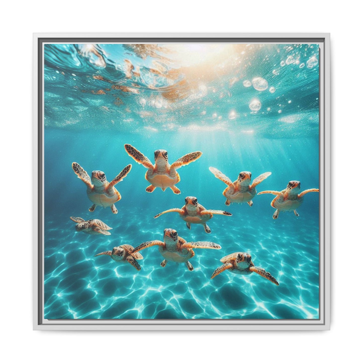 Baby Sea Turtles Out for a Swim Framed Canvas Wall Art Beach Lover Vacation Oceanic Gift Nature Lover Peaceful Zen Gift 3 frame colors
