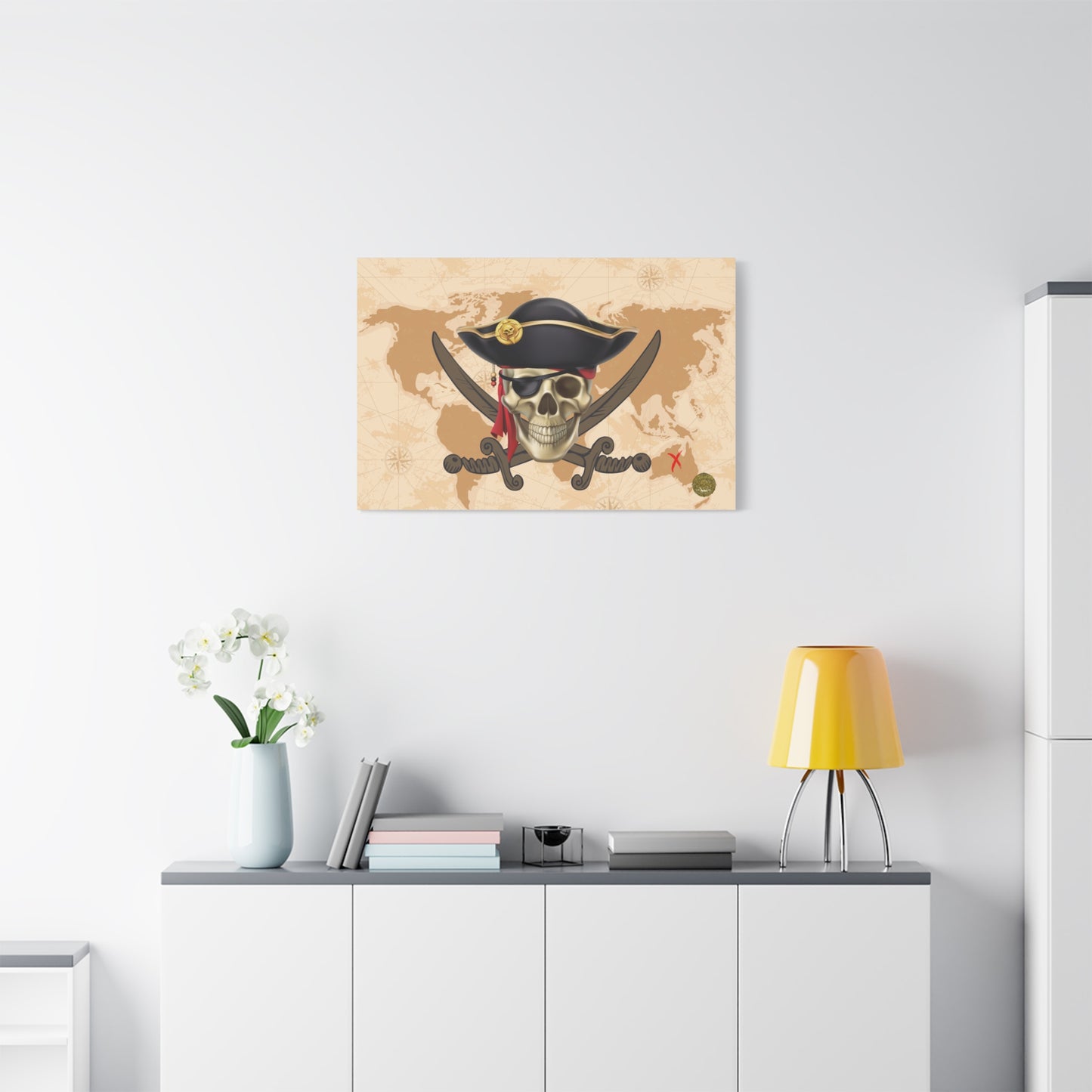 Jolly Roger Pirate Print Wall Art | Matte Canvas, Stretched, 1.25" | Nautical Themed Swords and Skull Anime Print