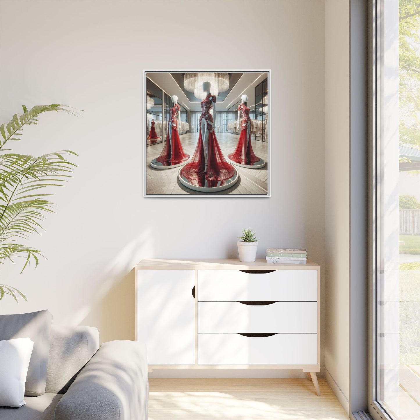 Futuristic Bodycon Runway Dress Framed Canvas Print Wall Art Unique Fashion Designer Style Haute Couture Fashionista Gift 3 Frame Colors