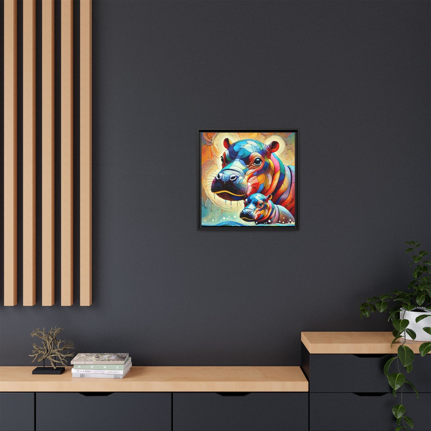Modern Hippo Print Abstract Design Unique Framed Canvas Print Baby Hippo Wall Art Animal Lover Gift Nature Lover Decor 3 frame colors