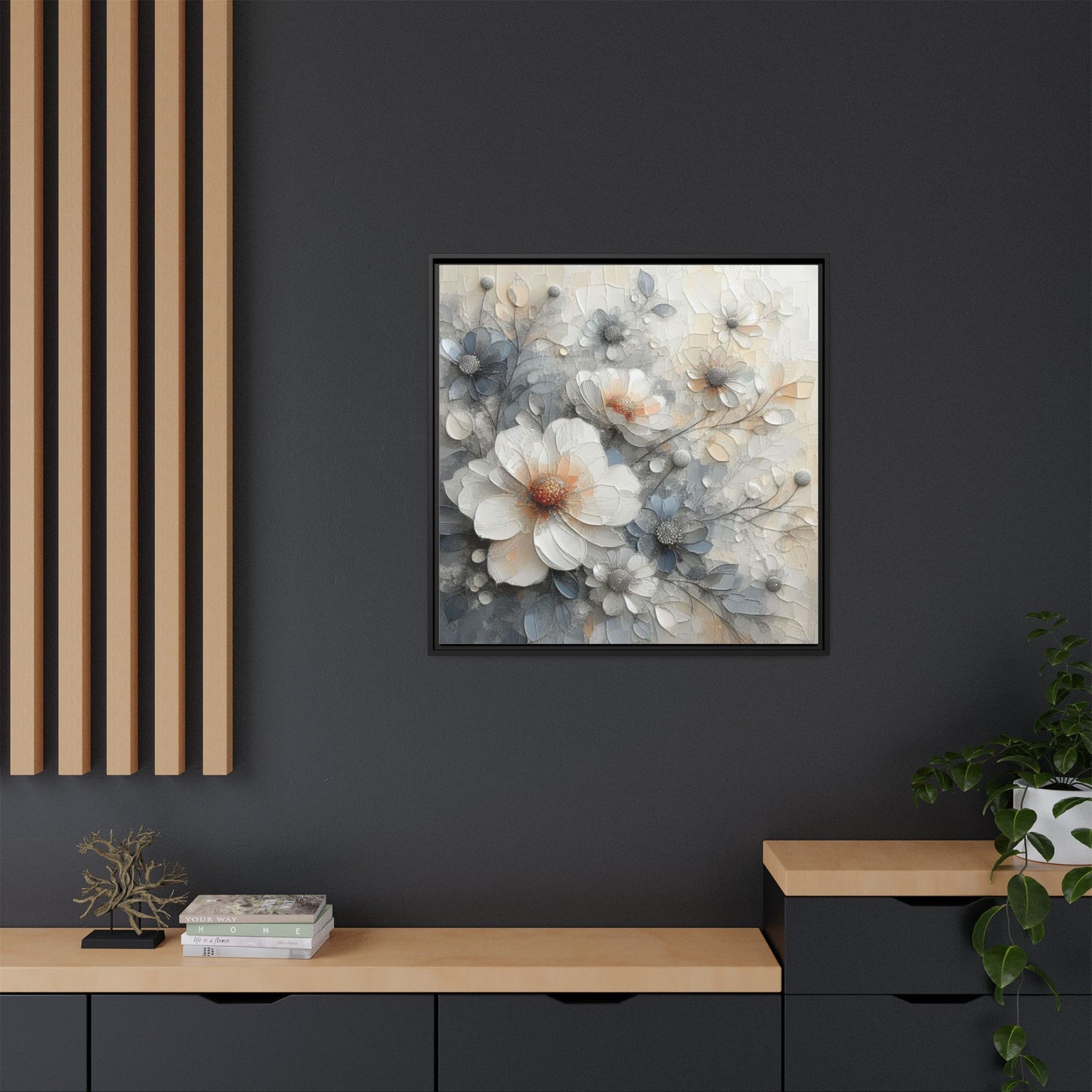 Modern Grey and White Floral Design Unique Framed Canvas Wall Art Flower Lover Gift Nature Lover Gift 3 frame colors