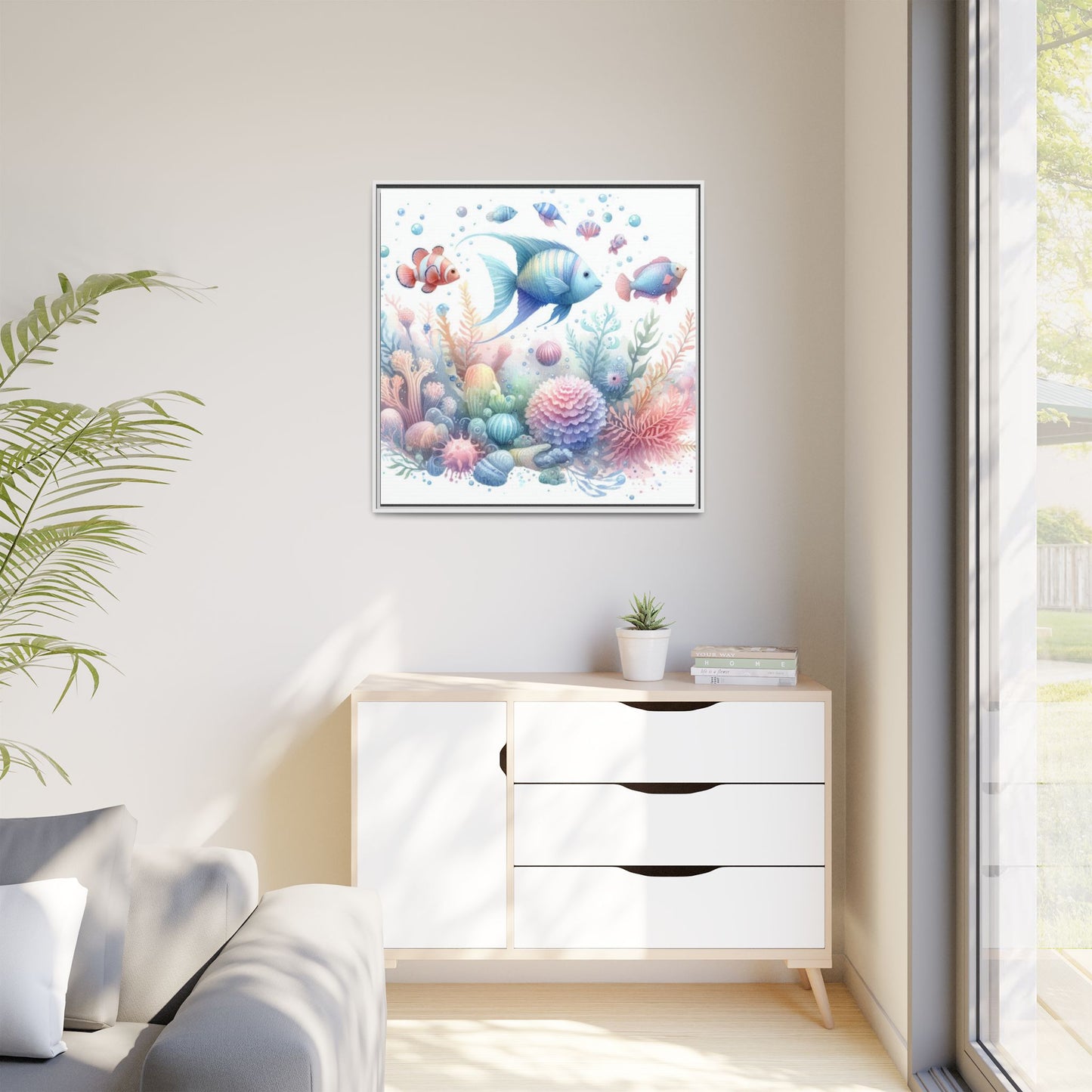 Whimsical Nursery Decor Pastel Underwater Design Unique Sweet Baby Room Framed Canvas Ocean Fish Print Unisex Baby Shower Octopus Gift
