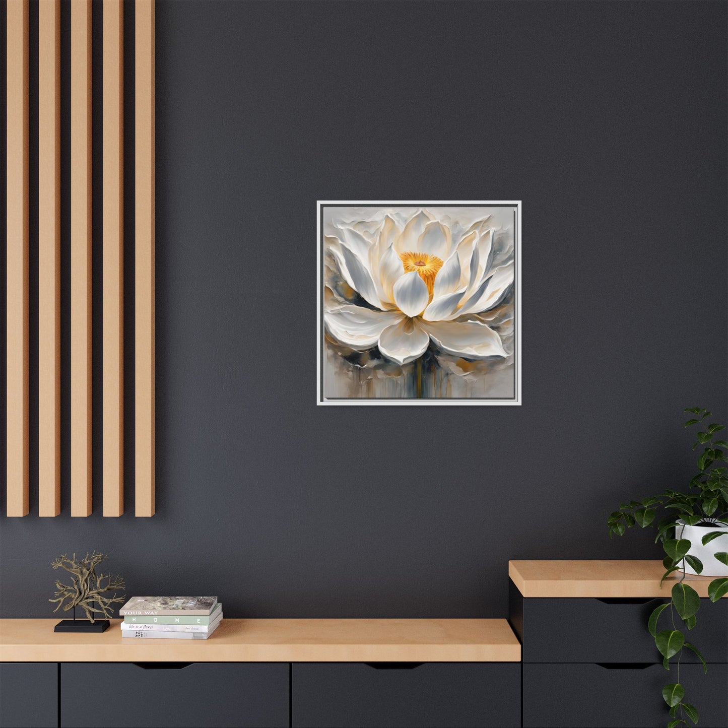Modern Abstract Floral Design Unique Framed Canvas Wall Art White Lotus Gift Nature Lover Gift Garden Lover Gift 3 frame colors