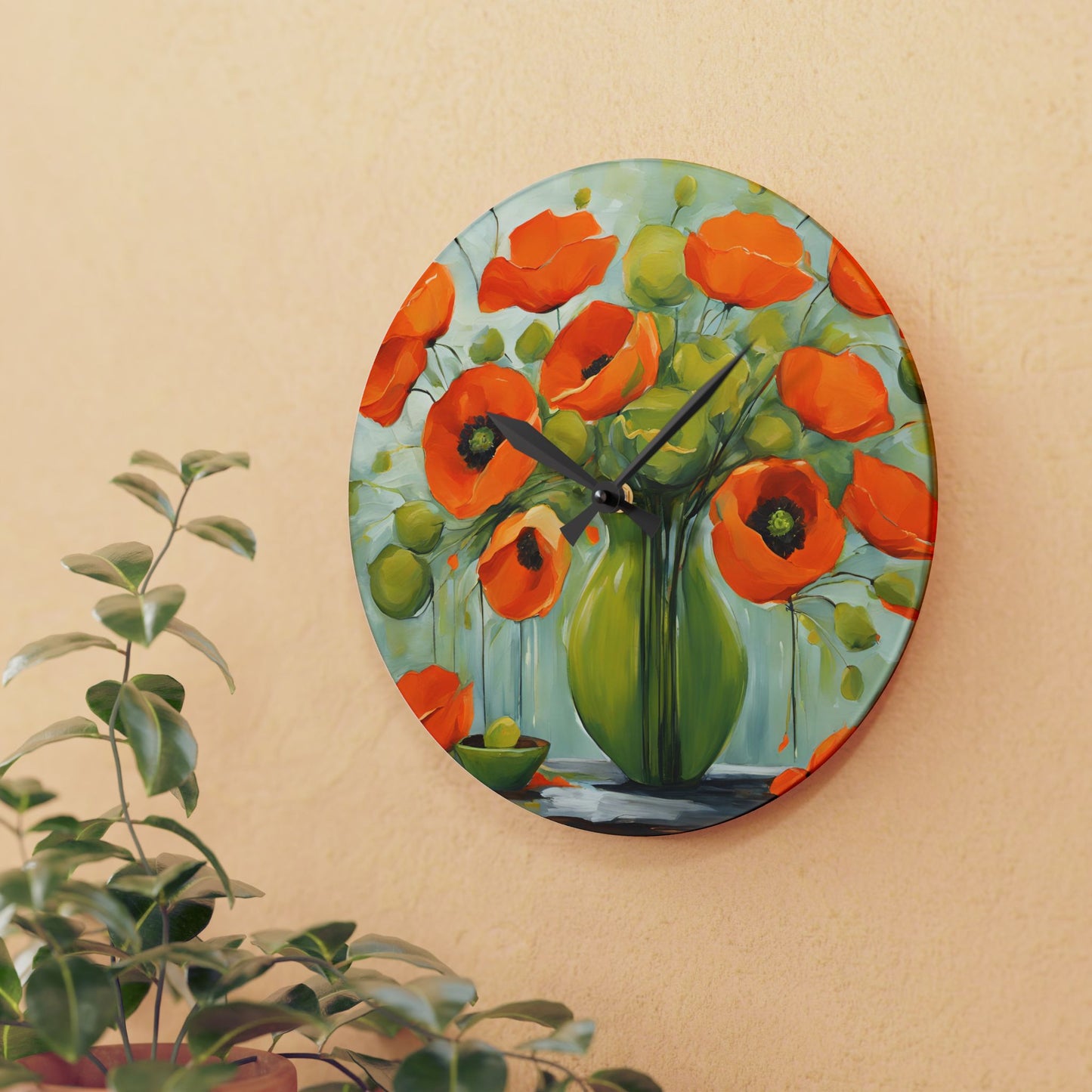 Floral Vase Design Acrylic Clock Unique Colorful Wall Clock for Kitchen or Living Room Nature Lover Field of Flowers Gardener Gift