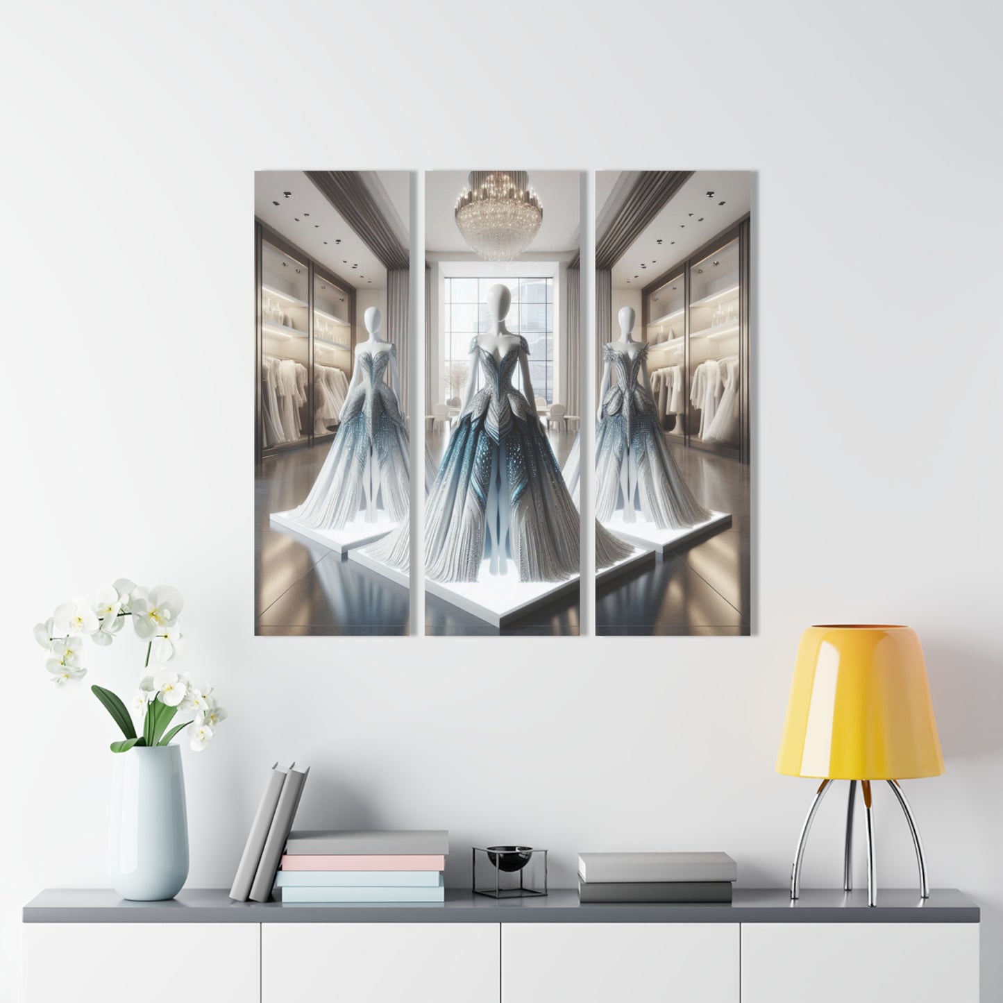 Modern Futuristic Design Runway Dress Triptych 3-Panel Acrylic Print Wall Art Unique Haute Couture Fashionista Fantasy Style Decor