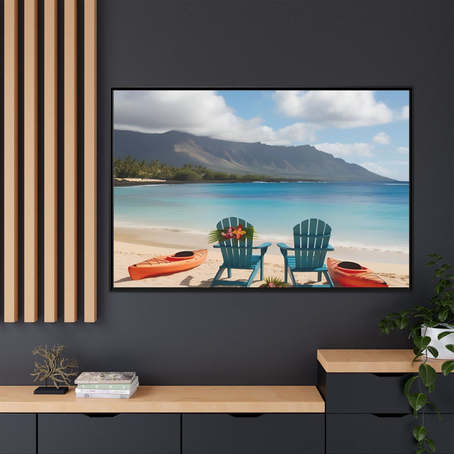 Chairs on the Beach Print Unique Framed Canvas Print Wall Art Gift Beachy Nature Lover Ocean Waves Hawaiian Vacation Decor 3 frame colors
