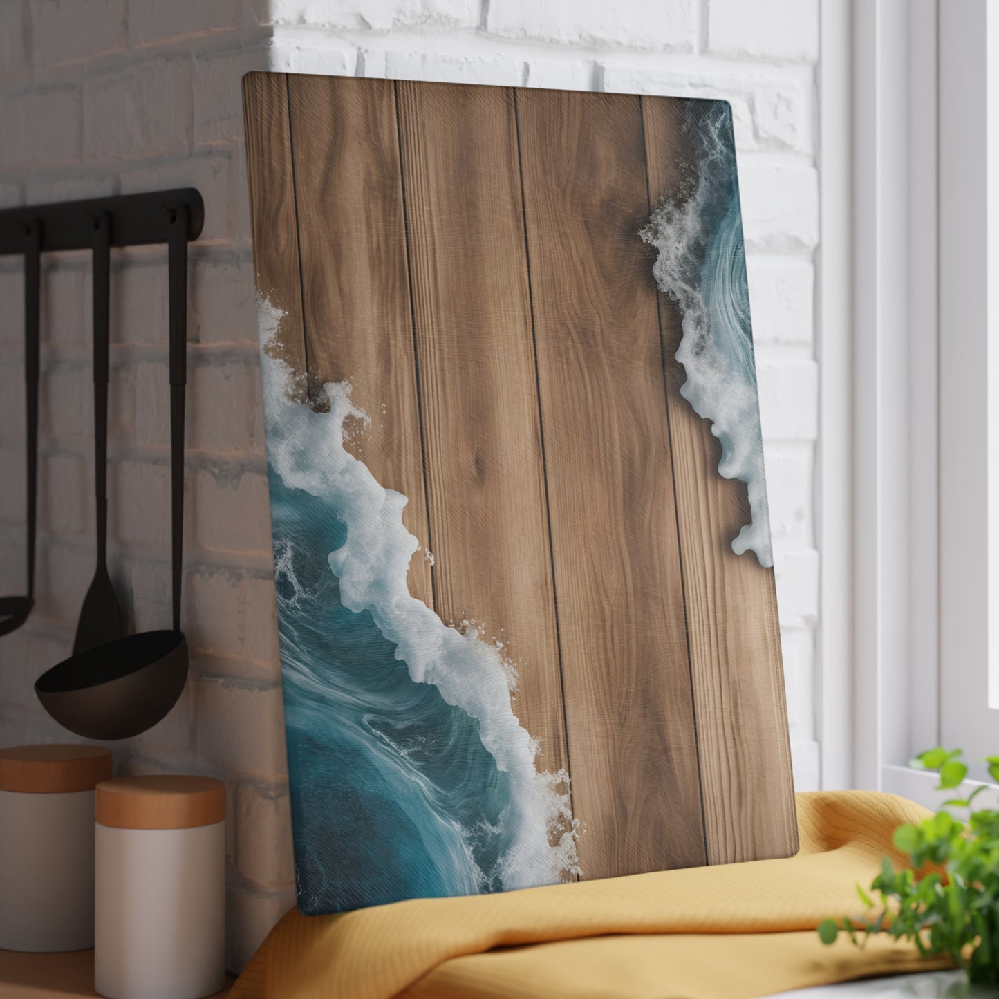 Beachy Kitchen Decor Glass Cutting Board Serving Tray with Wave Design Cutting Board Gift for Home Cook Fun Charcuterie Board