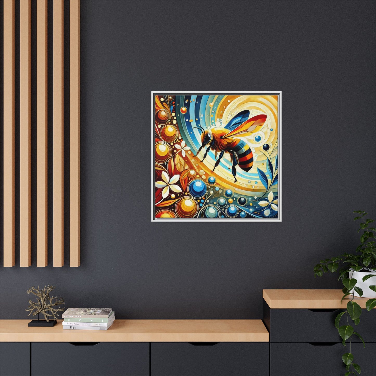 Modern Bee Print Abstract Design Unique Framed Canvas Print Insect Lover Wall Art Animal Lover Nature Lover Decor 3 frame colors
