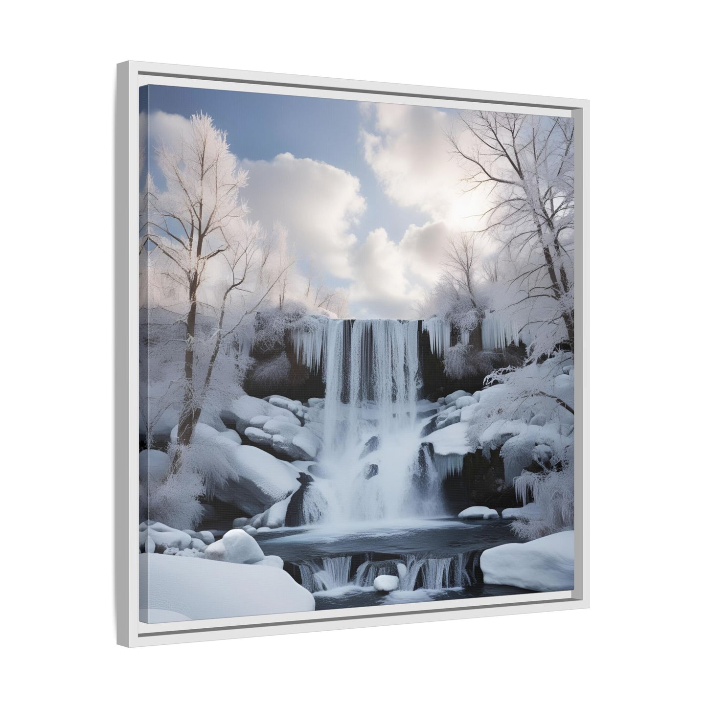 Modern Snowy Waterfall Design Unique Framed Canvas Wall Art Winter Scene Nature Lover Gift Mountain Landscape Decor Gift 3 frame colors