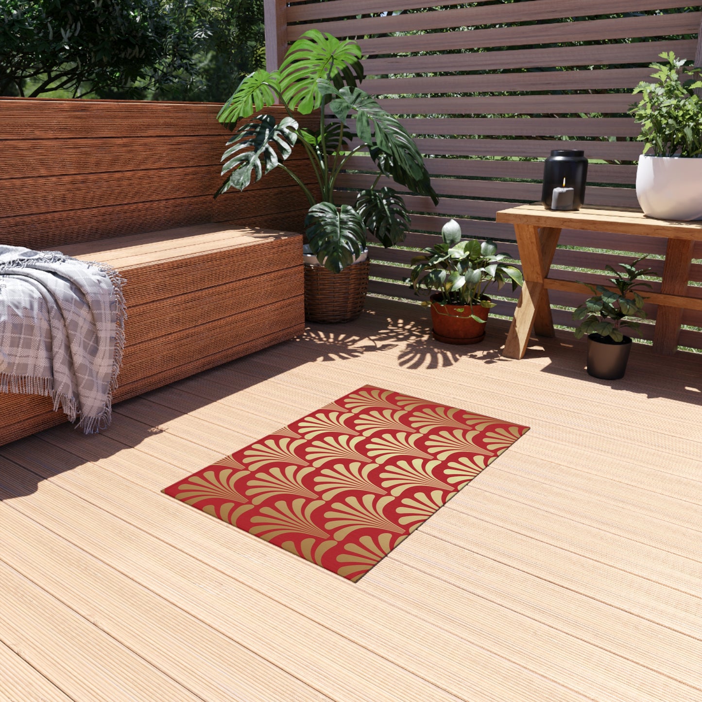 Chenille Outdoor Rug with No-Skid Backing Cozy Red and Gold Outdoor Carpet Patio Decor Gazebo Rug Pool Area Decor Outdoor Kitchen Rug