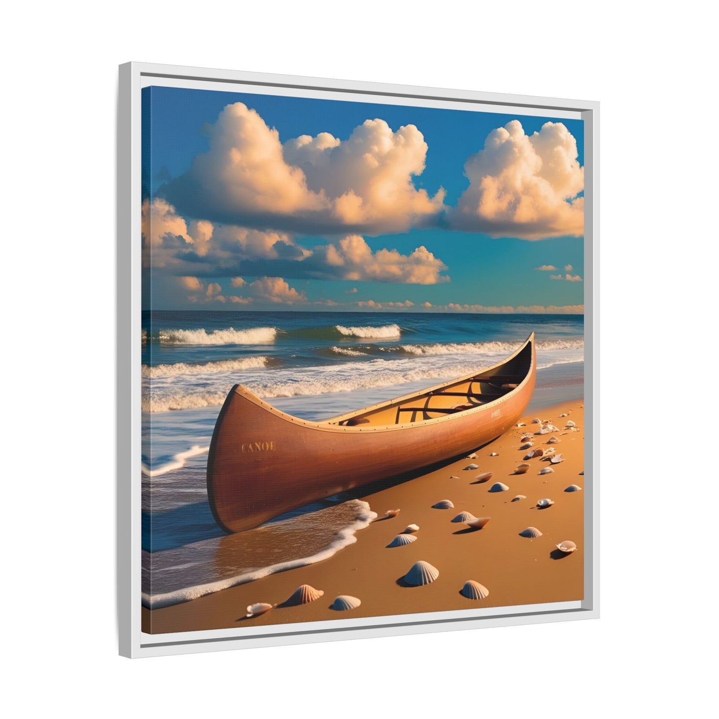 Canoe on the Beach Calm Sunny Day Framed Canvas Wall Art Beach Lover Vacation Oceanic Gift Nature Lover Peaceful Zen Gift 3 frame colors
