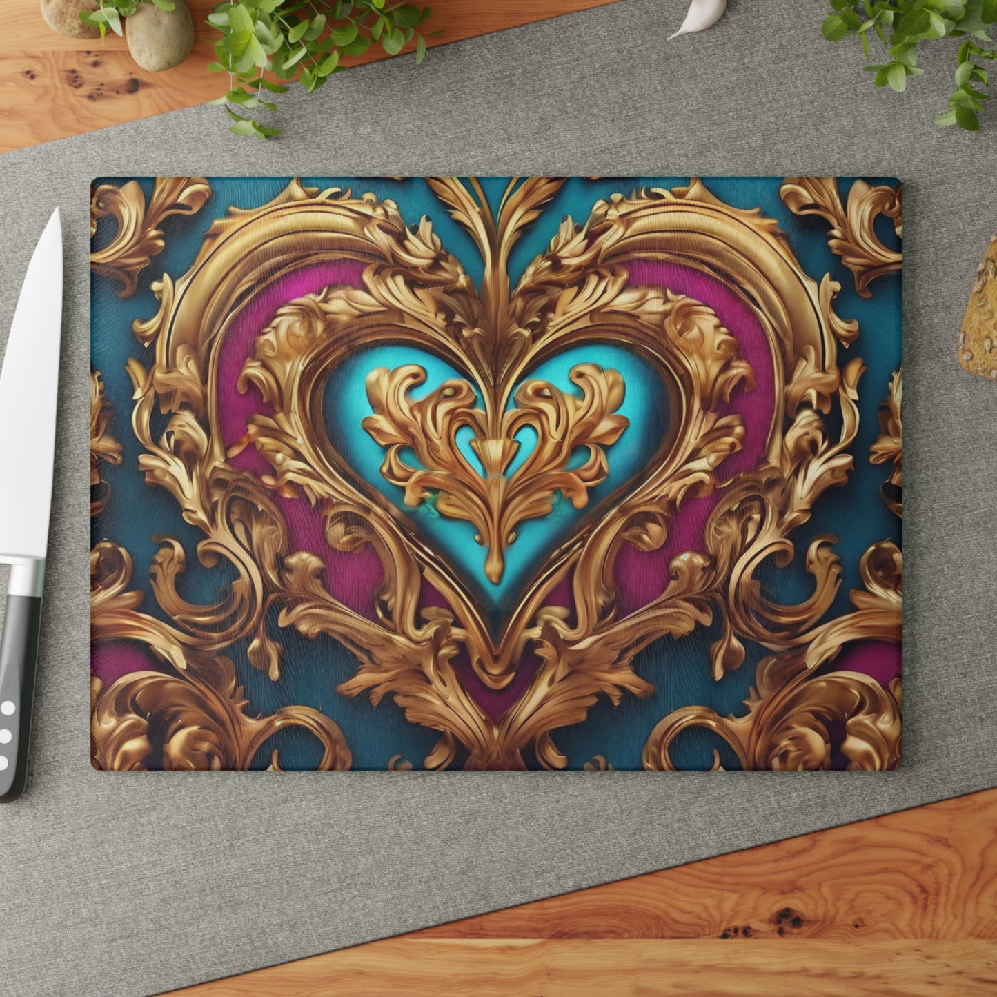 Kitchen Decor Glass Cutting Board Serving Tray with Heart Design Retro Damask Pattern Cutting Board Gift for Home Cook Charcuterie Board