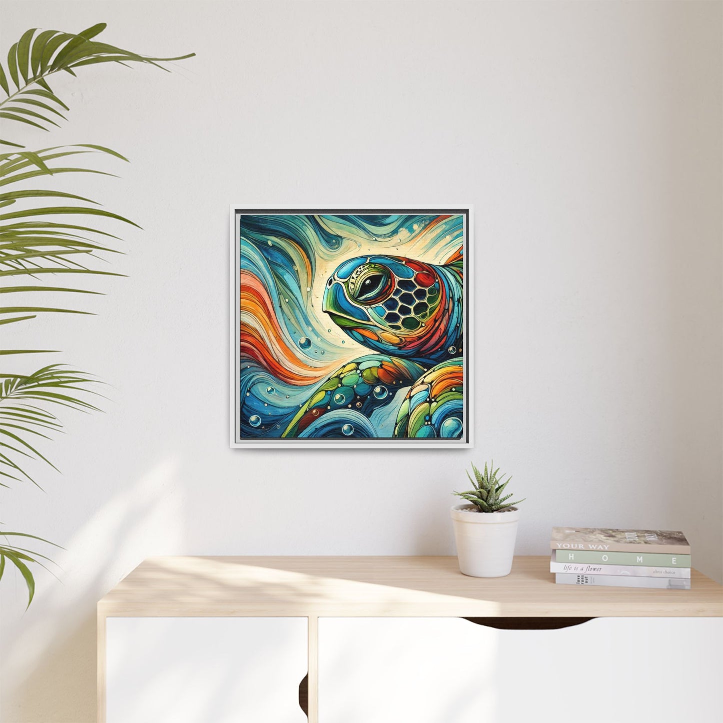 Modern Sea Turtle Print Abstract Design Unique Framed Canvas Print Oceanic Wall Art Animal Lover Gift Nature Lover Decor 3 frame colors